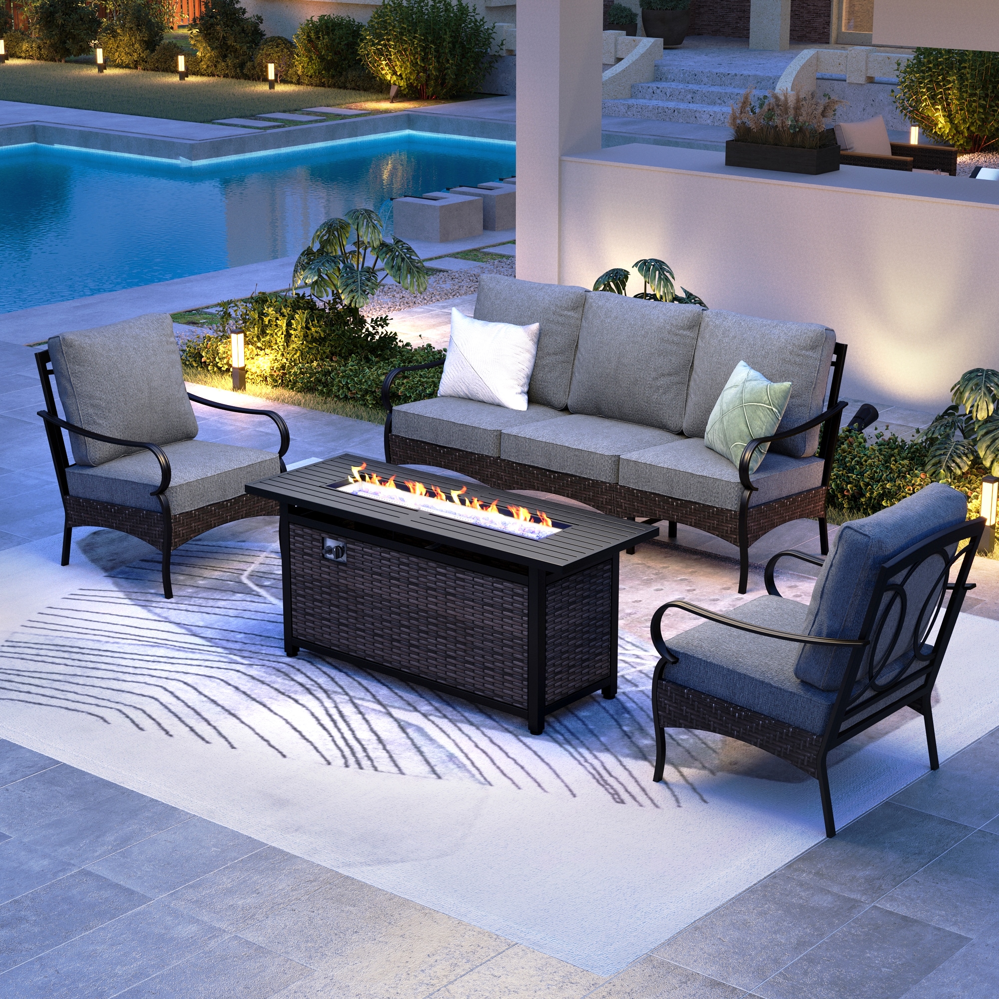 Sunshine Valley CR001-07-5-GS103-GR Patio Furniture Set with Fire Pit 4 -Piece Wicker Patio Sofa Conversation Set with Gray CUSHION PRO Cushions