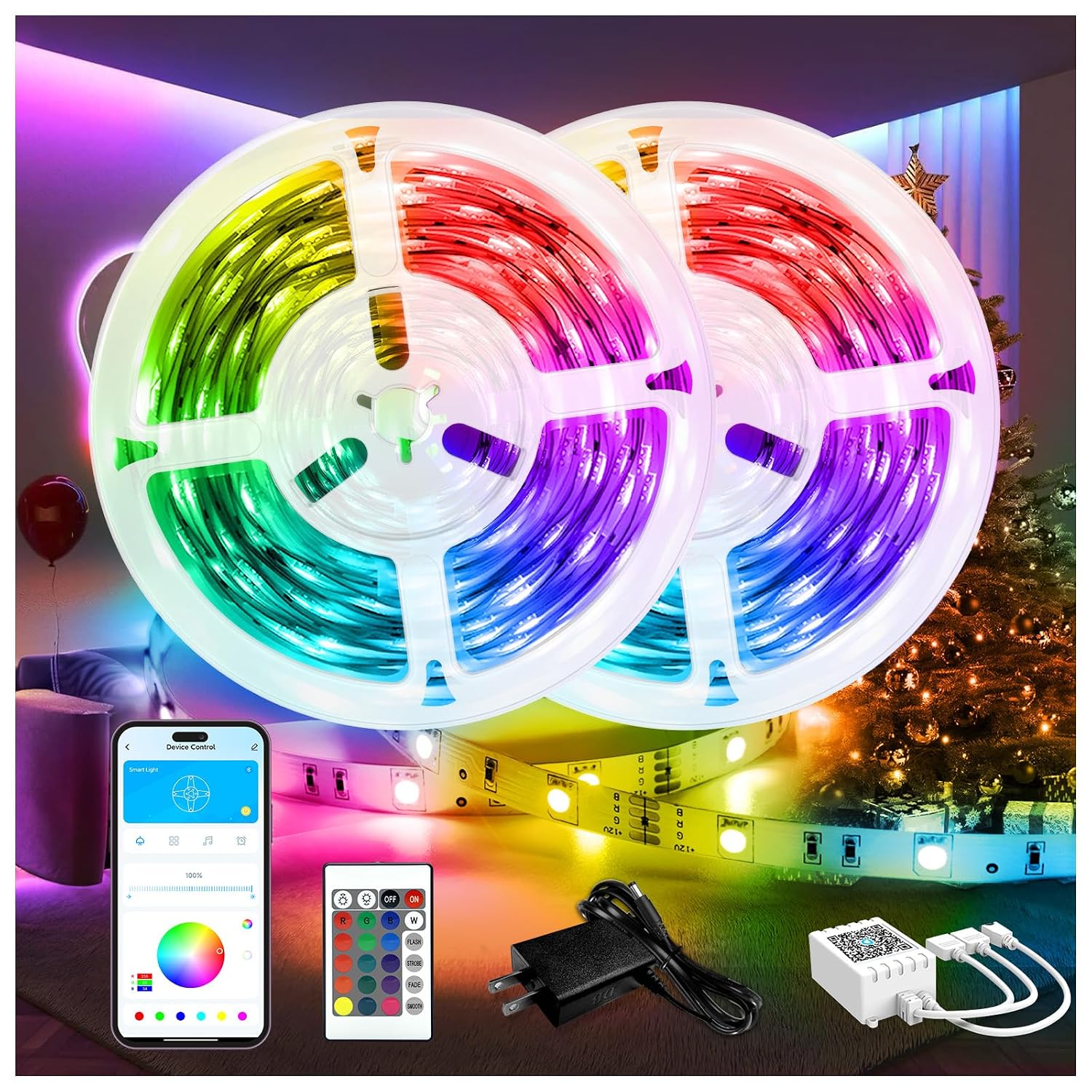 Segrass 132ft Color Changing LED Strip Lights 2 Rolls of 65.6ft Music Sync with App and IR Remote Control 24V Indoor Bedroom Living Room Kitchen Hallway Ceiling Decor