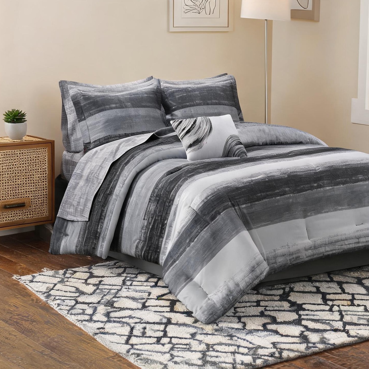 SunJet Bedding Sets - Watercolor stripe comforter set with antimicrobial treatment matte black queen