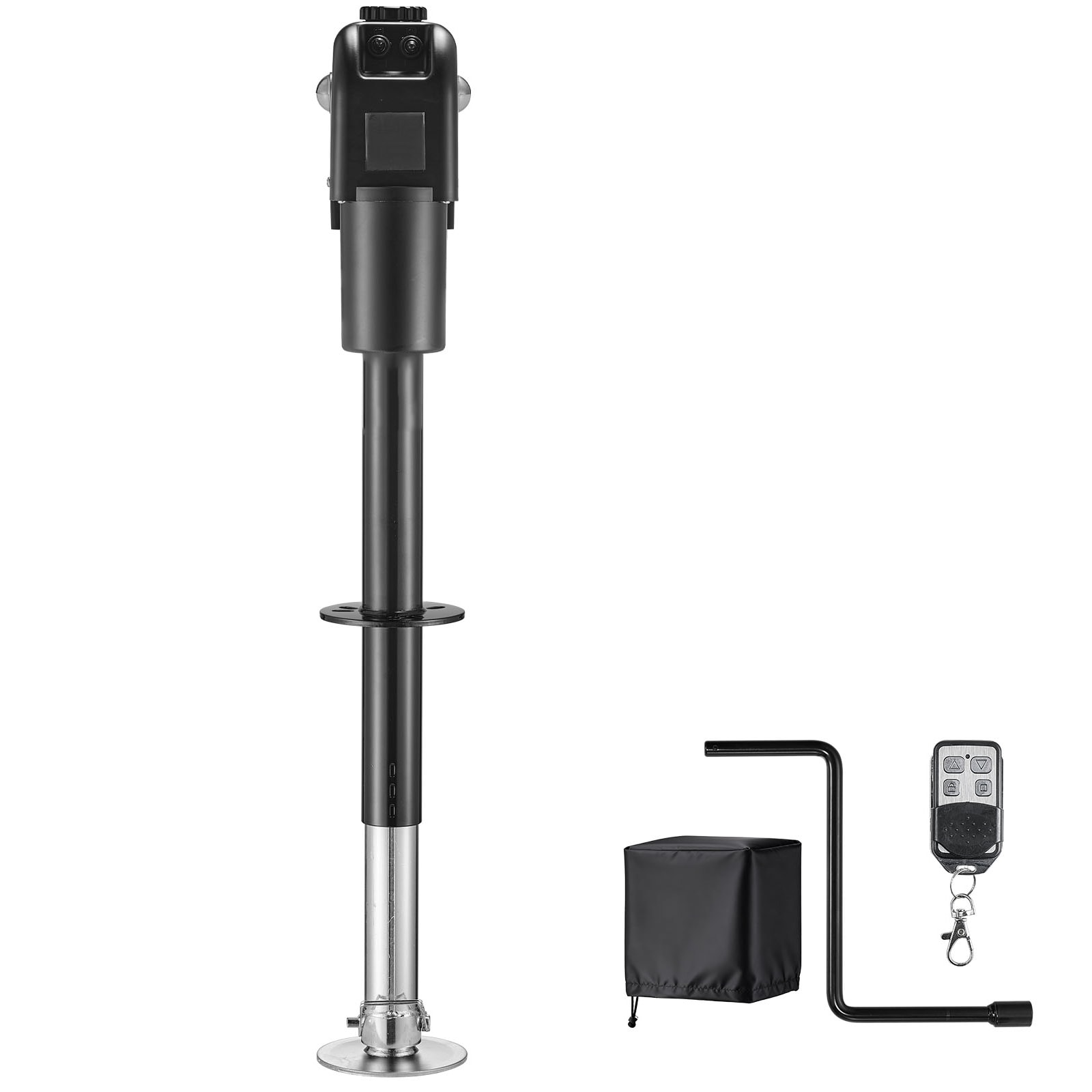 GIVIMO 7500-lb Capacity Topwind Trailer Jack 12-V DC Electric Power Tongue Lift with Rocker Switch Handheld Remote Built-In LED Work Light Plastic Cover Coated Tubes 9.84-in to 27.84-in Lift 5-Position Drop Leg and 90-Degree Clockable Base in Black