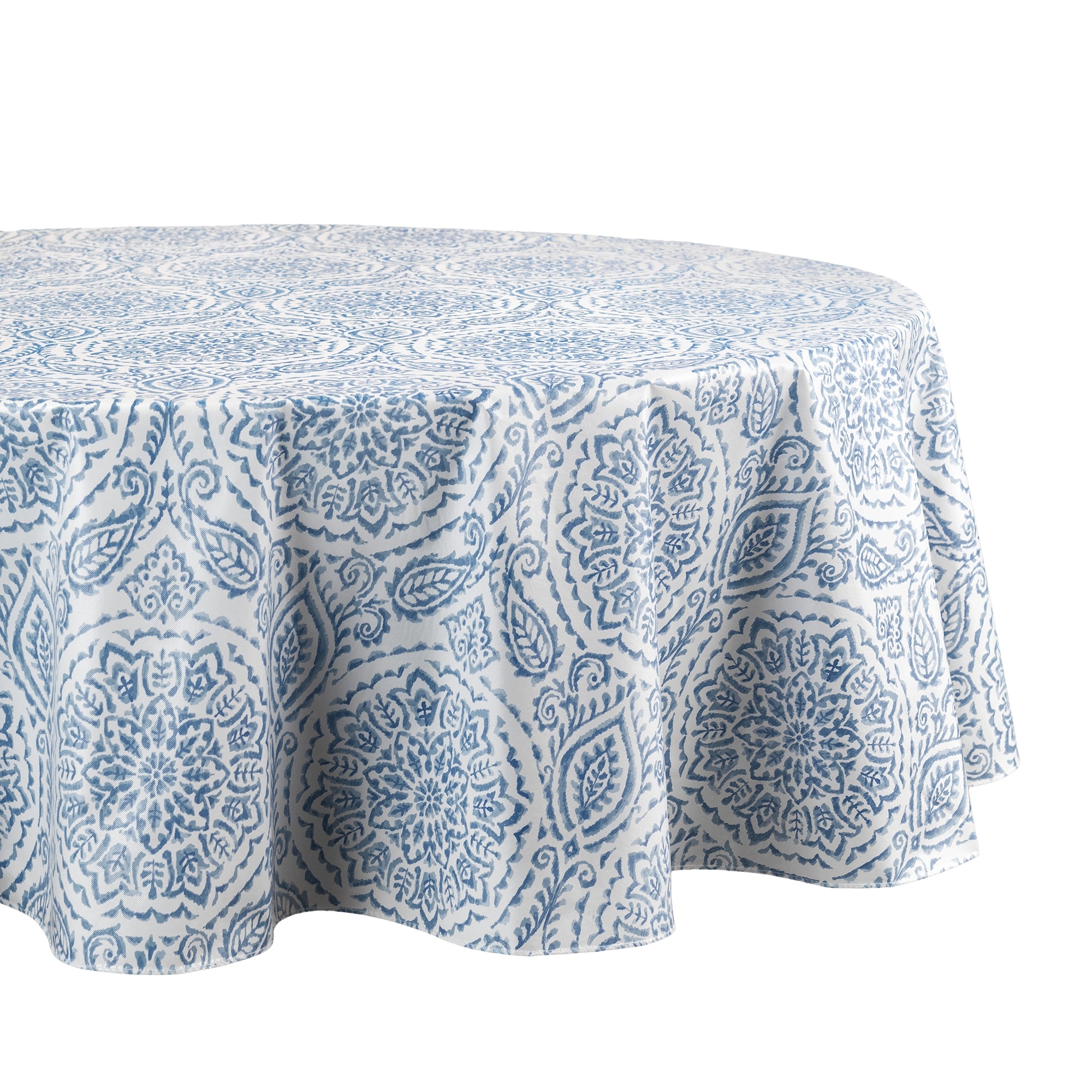 Elrene Home Fashions 194590058180 Savannah Boho Paisley Printed Vinyl 70" Round Indoor/Outdoor Blue Table Cover for 60-in round