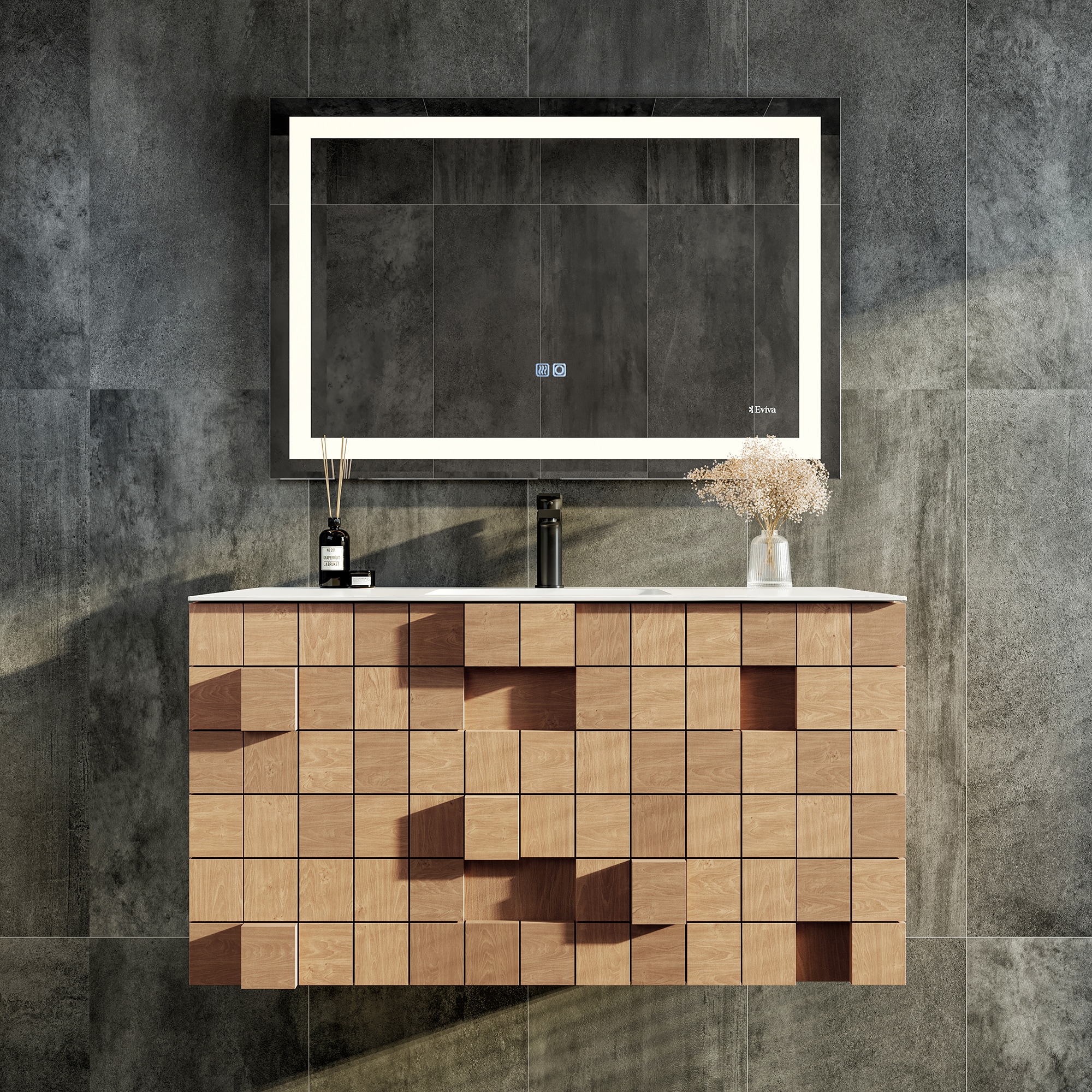 Eviva EVVN112-36OAK Mosaic 36 Oak Single Sink Floating Bathroom Vanity with White Solid Surface Top