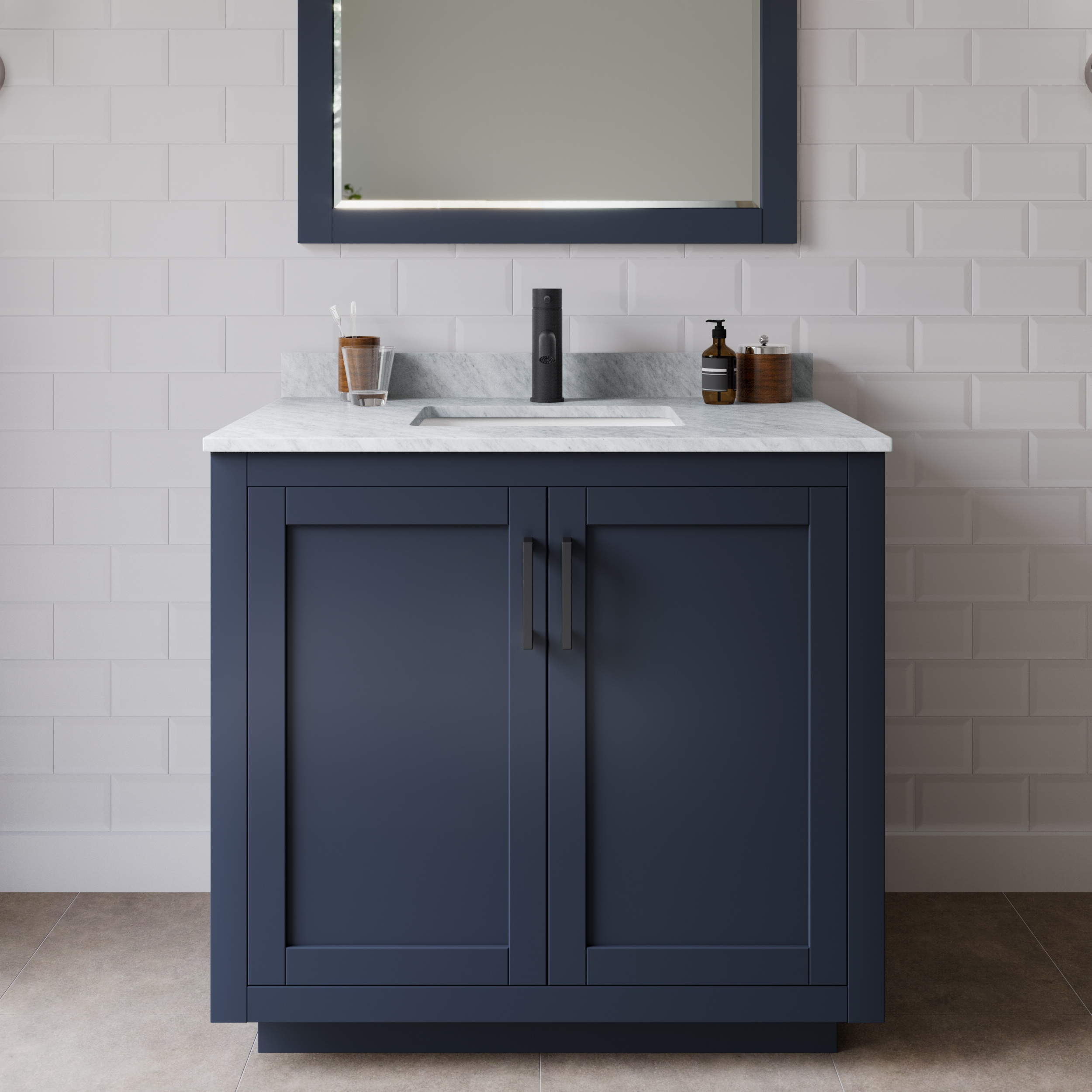 Wyndham Collection WCF292936SBBCMUNSM34 Miranda 36-in Dark Blue with Matte Black Trim Undermount Single sink Bathroom Vanity with White Carrara Marble Marble Top (Mirror Included)
