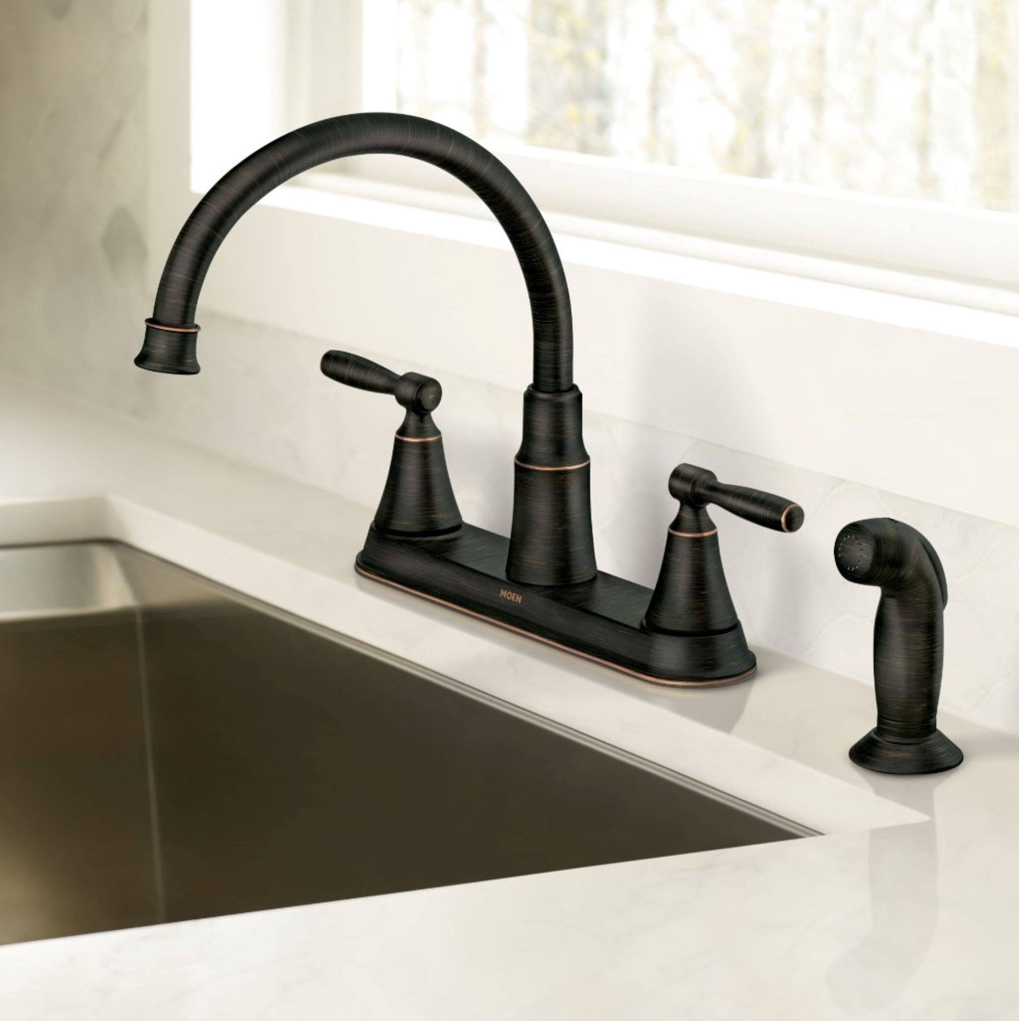 Moen 87048BRB Hutchinson Mediterranean Bronze Double Handle Deck-mount Kitchen Faucet with Sprayer ( Deck Plate Included ) ( Side Sprayer Included )