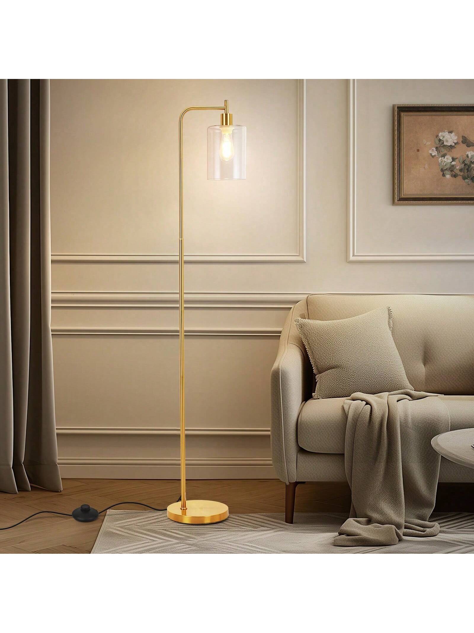 Qeetex PHO-0XIEC7RF-HF4 Gold Floor Lamp with Glass Shade. Living Room Floor Lamp. Modern Floor Lamp with LED Bulb. Bedroom Farmhouse Floor Lamp. Office Tall Lamp. Adjustable Color Temperature