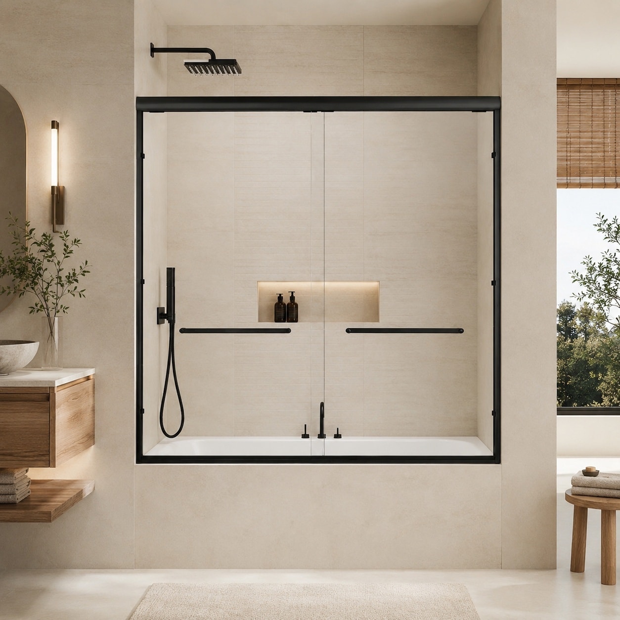 LIVACA - 56 to 60 inch Matte Black Aluminum Framed Double Sliding Bathtub Door with 1/4 inch Clea...