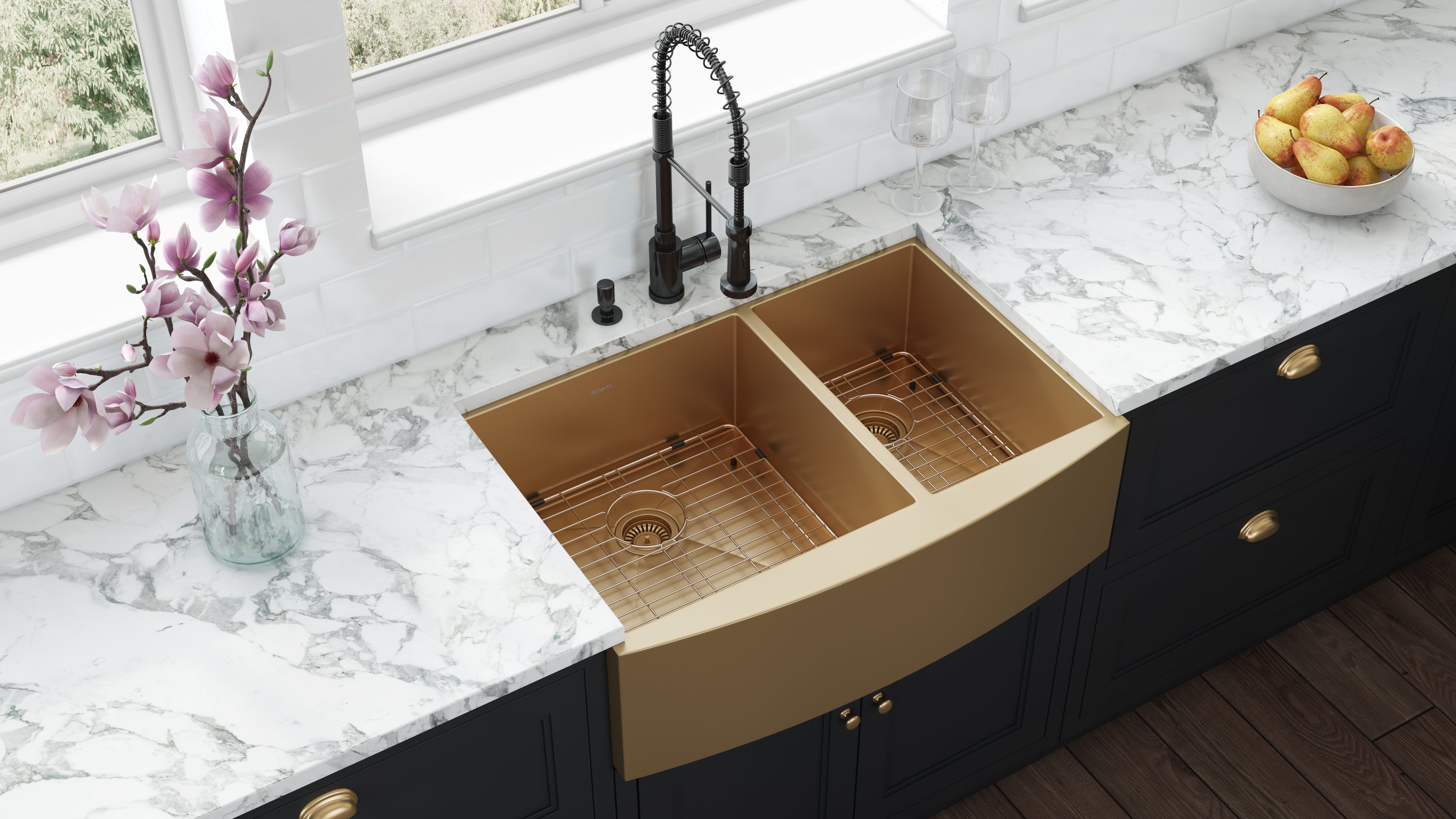 33in W x 21in D Farmhouse Kitchen Sink Gold Stainless Steel with Sink Grid  and Drain Assembly Apron Front