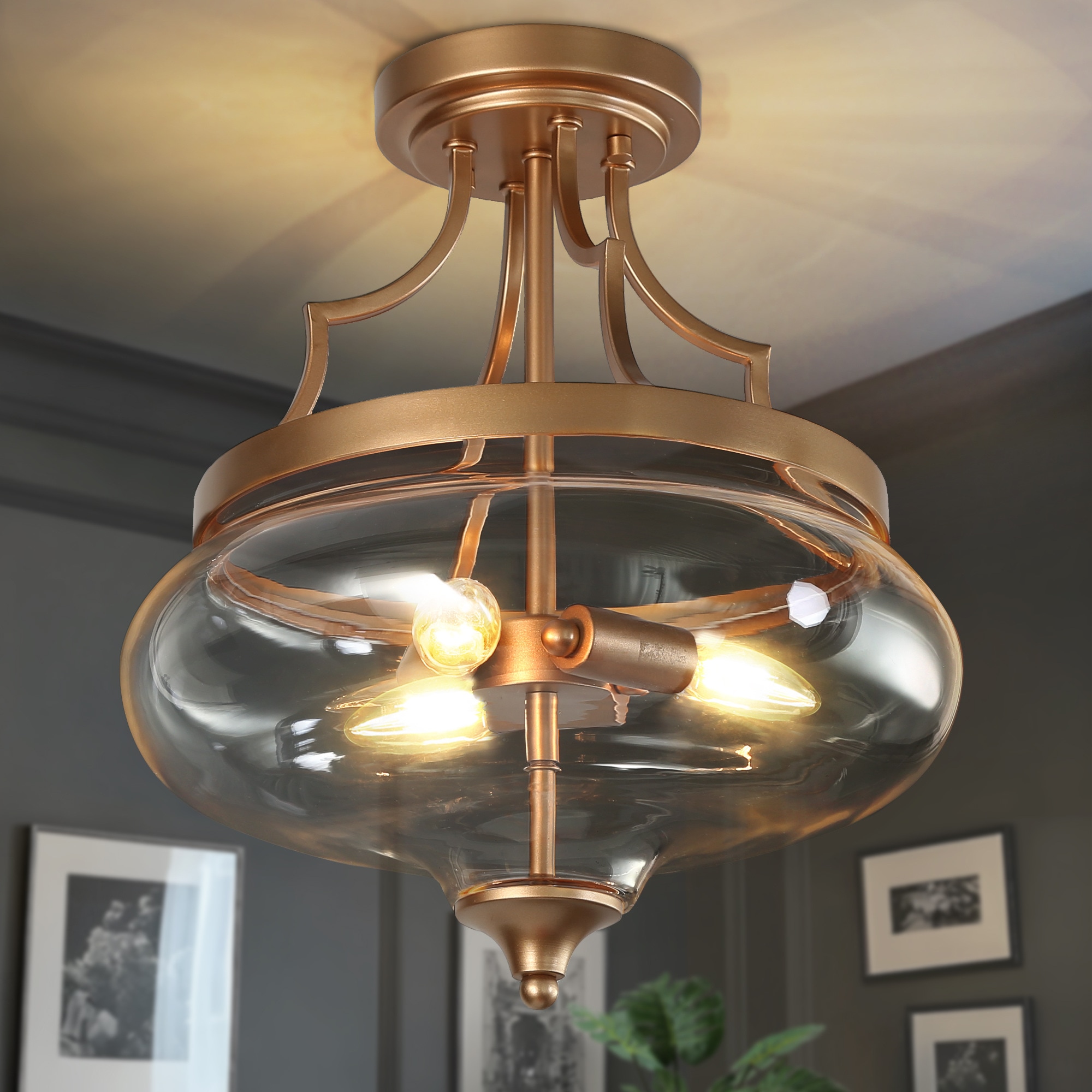 Uolfin 12.5-in Matte Gold with Clear Bowl Glass Indoor 3 -Light LED Semi-flush Mount Light with Clear Glass