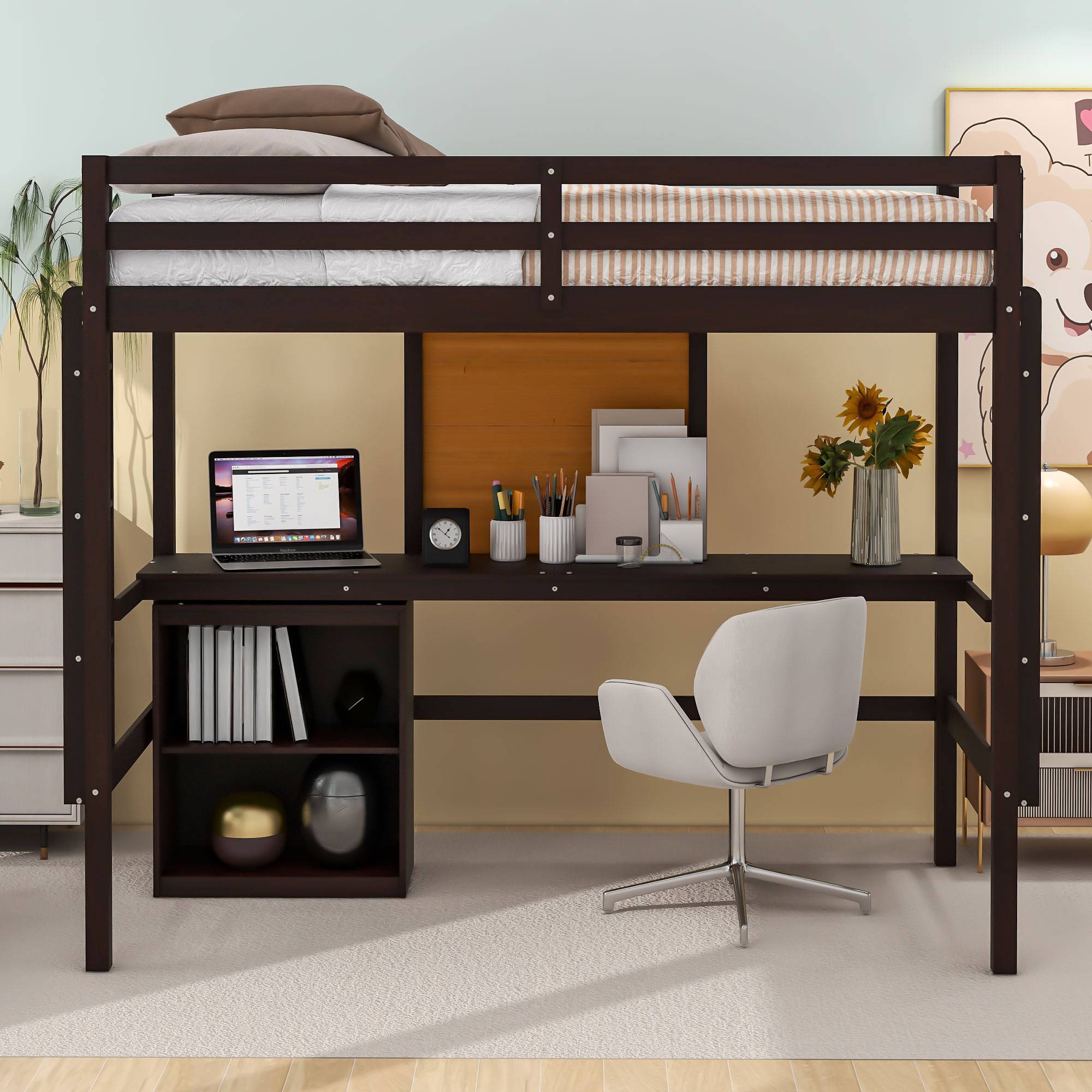 Espresso loft bed clearance with desk