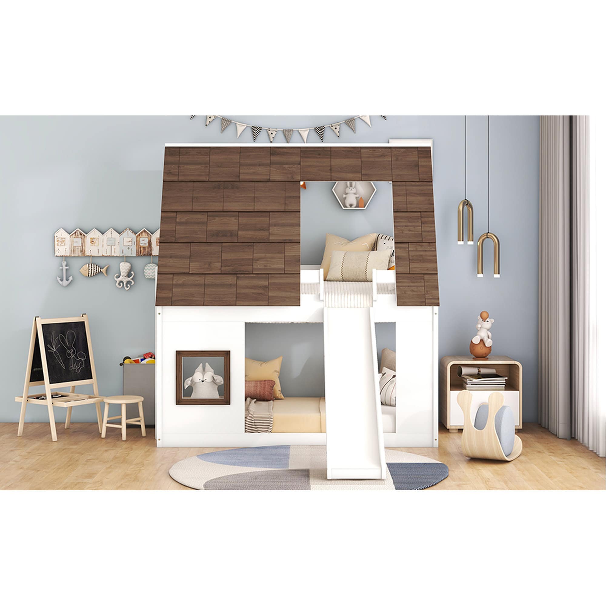 Misopily Wood Twin Size House Bunk Bed with Roof Ladder and Slide White ...