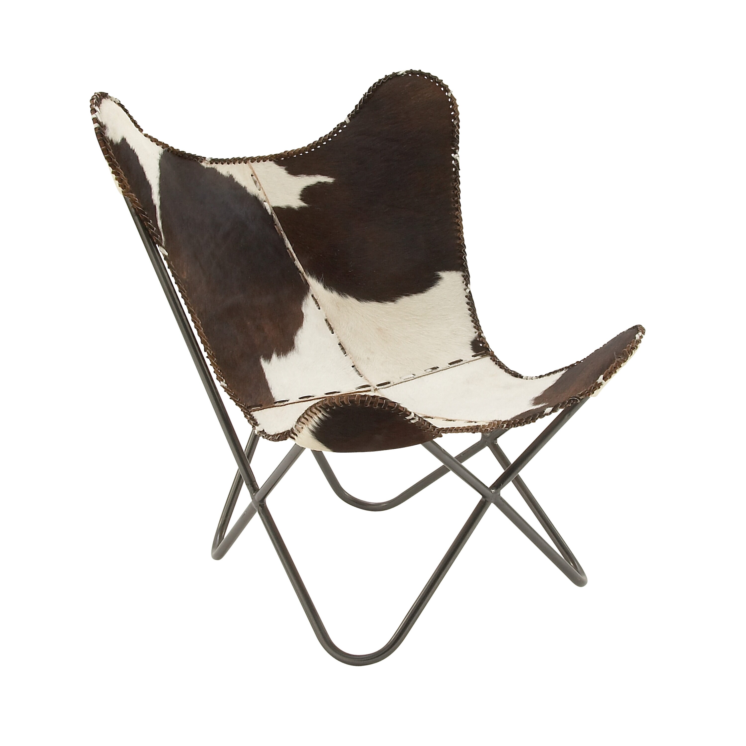 Handcrafted White Leather Butterfly Accent Chair with Metal Frame
