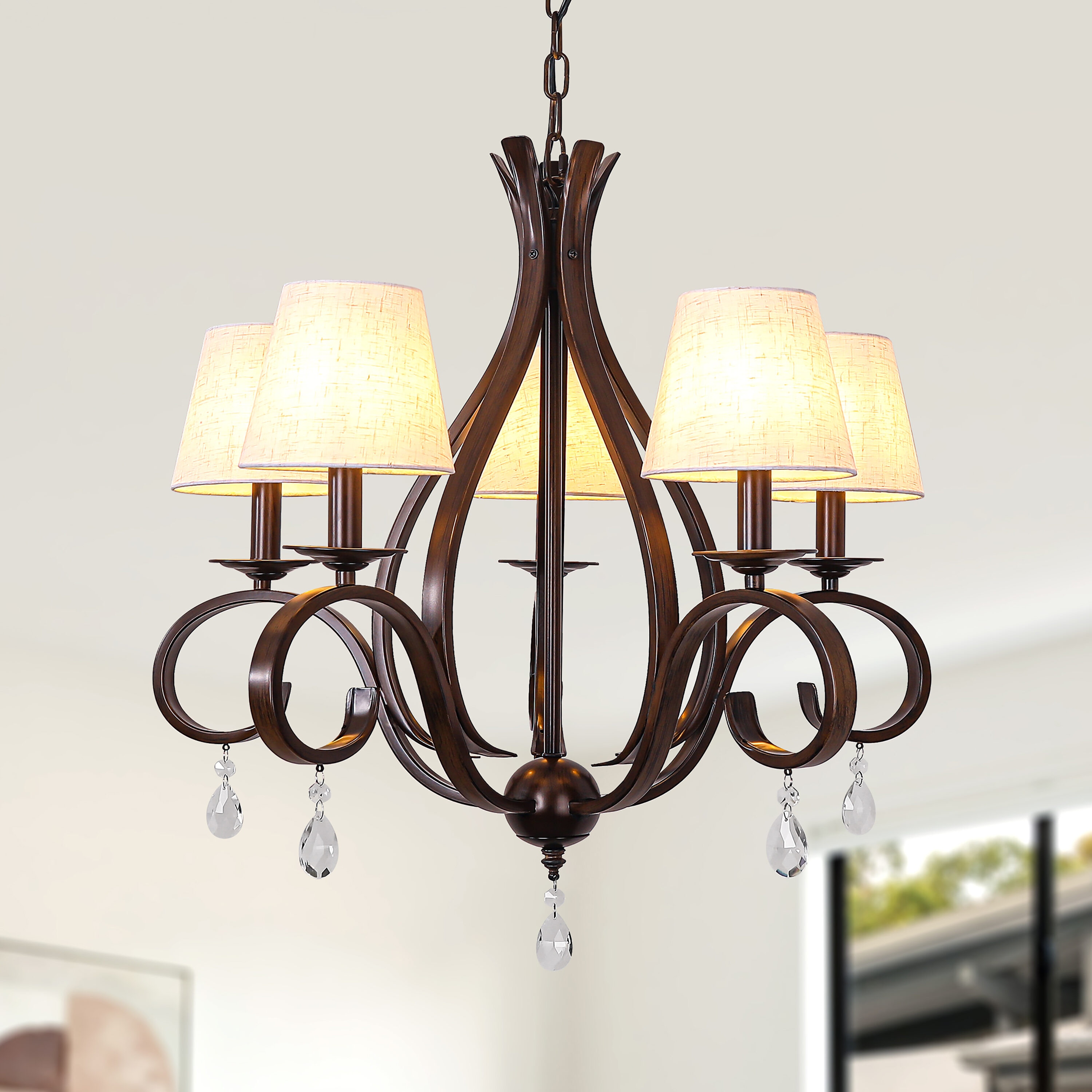 Cusp Barn Enprier 6 -Light Brushed Black Cage Clear glass Fabric Metal Chandelier