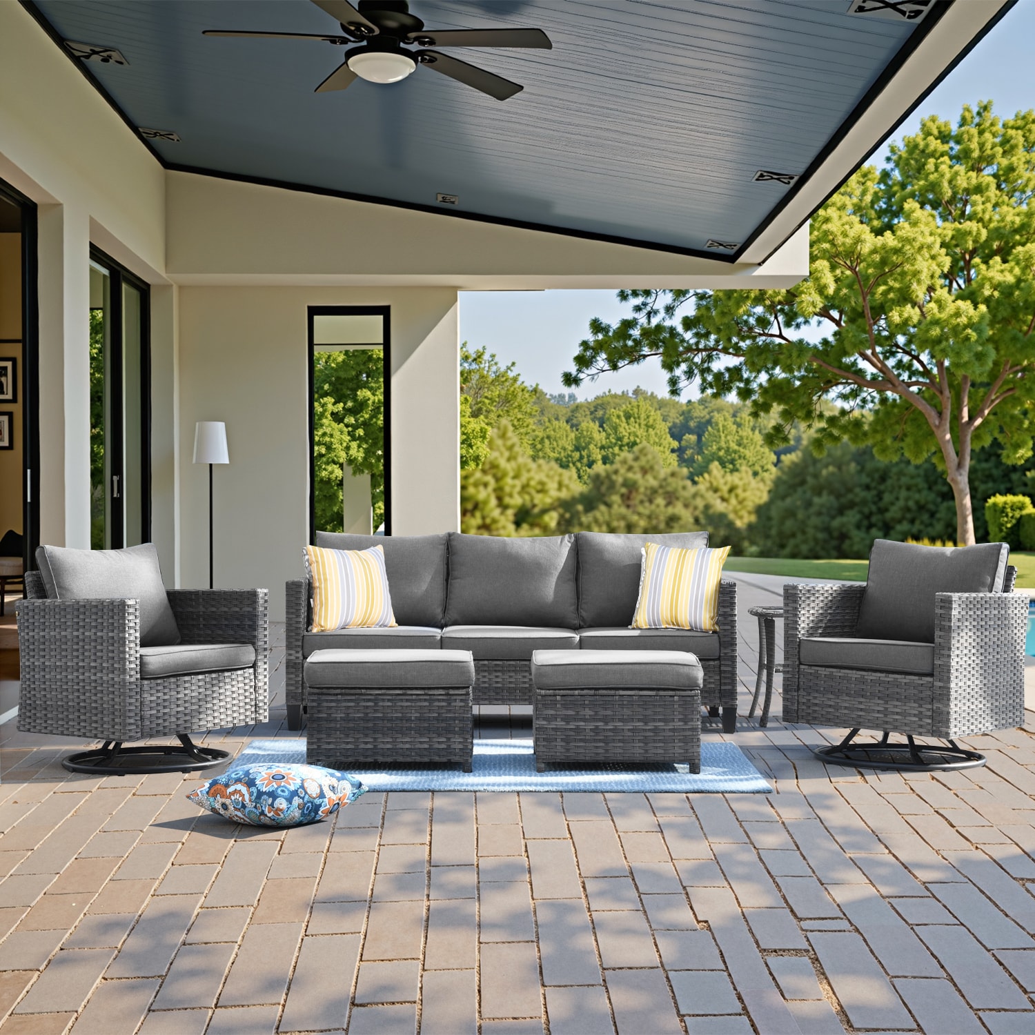 Pouuin SYZGRS206M 6 -Piece Wicker Patio Sofa Conversation Set with Dark Gray Olefin Cushions