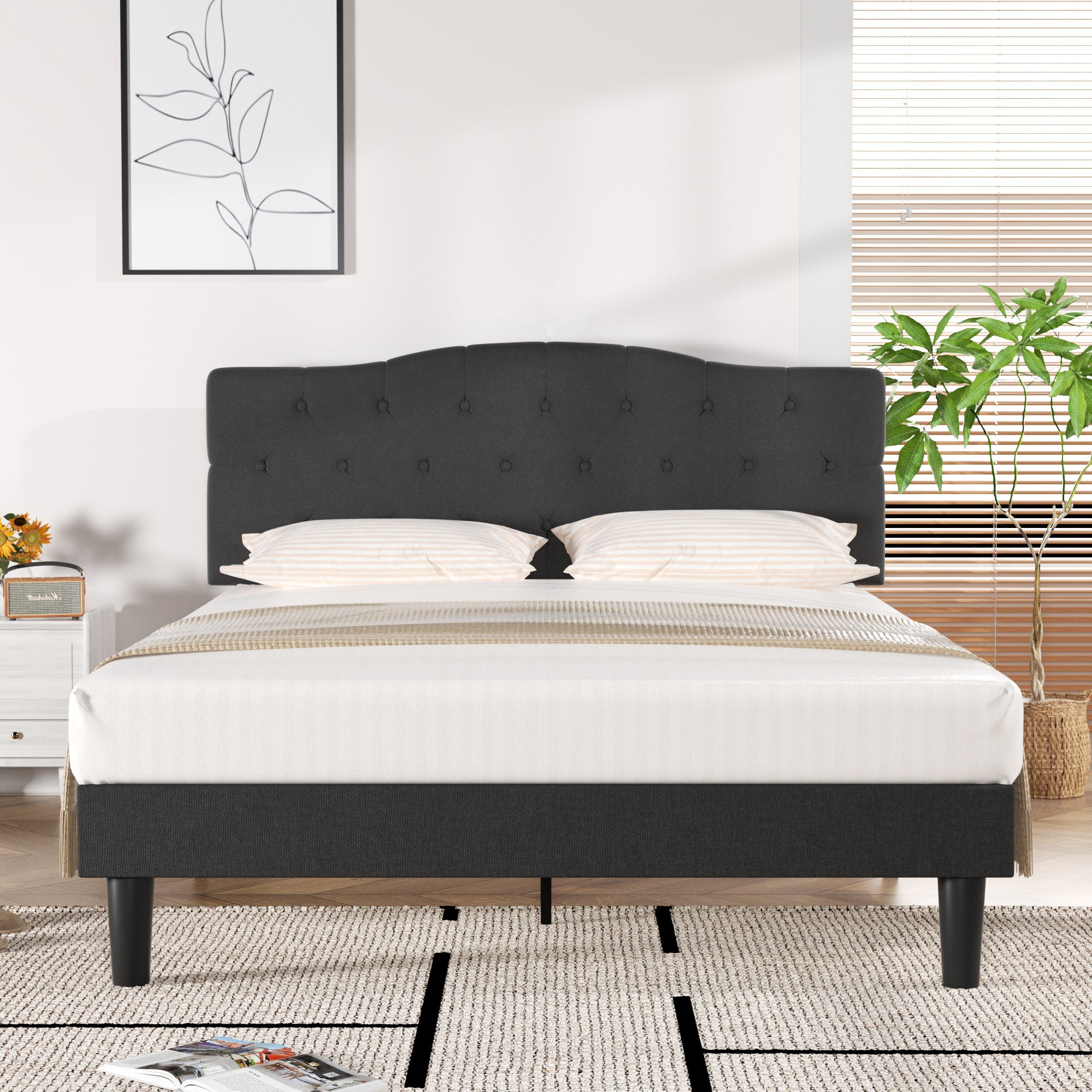 Vecelo LOE-BTJ-RQ04 Queen Size Platform Bed Frame with Adjustable Upholstered Headboard and Wooden Slats Support Easy Assembly Dark Gray