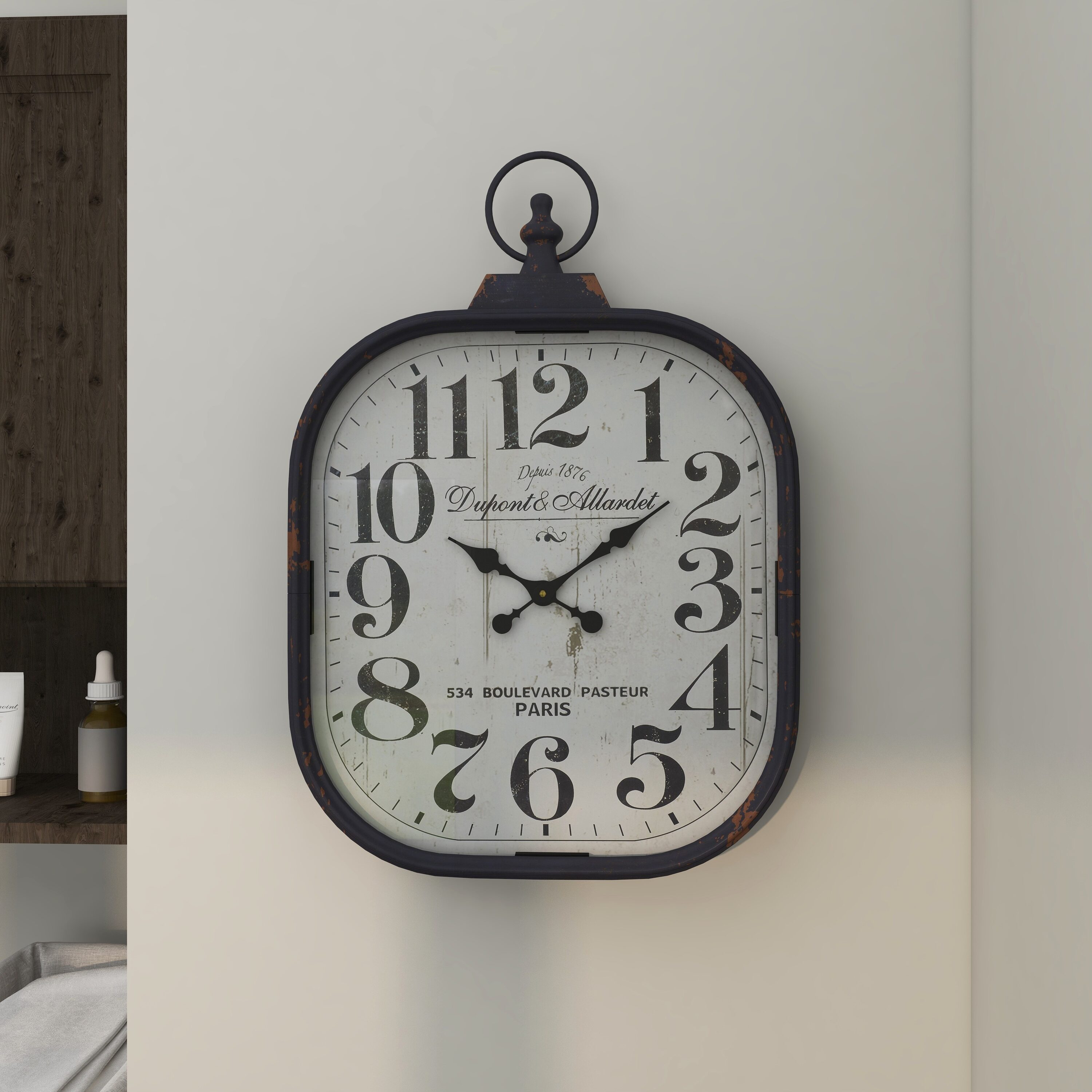 Vintage Black Metal Distressed Pocket Watch Style Wall Clock