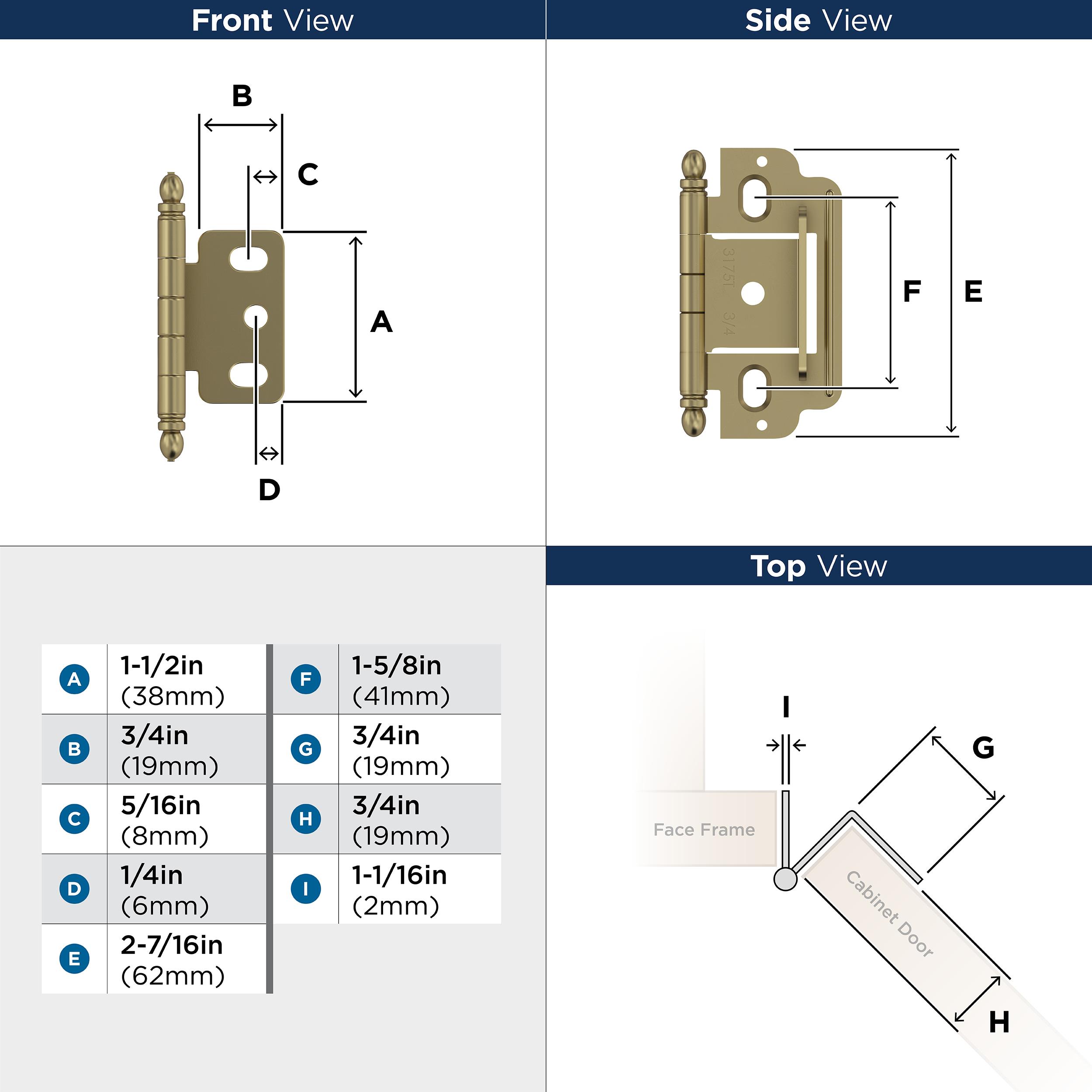 Golden Champagne 3/4 Inch Full Inset Cabinet Hinge