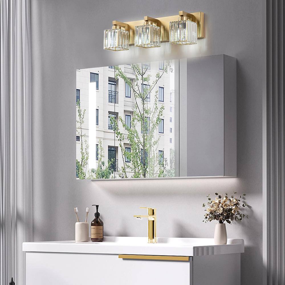 Gold Crystal 3-Light Bathroom Vanity Fixture with Square Shades