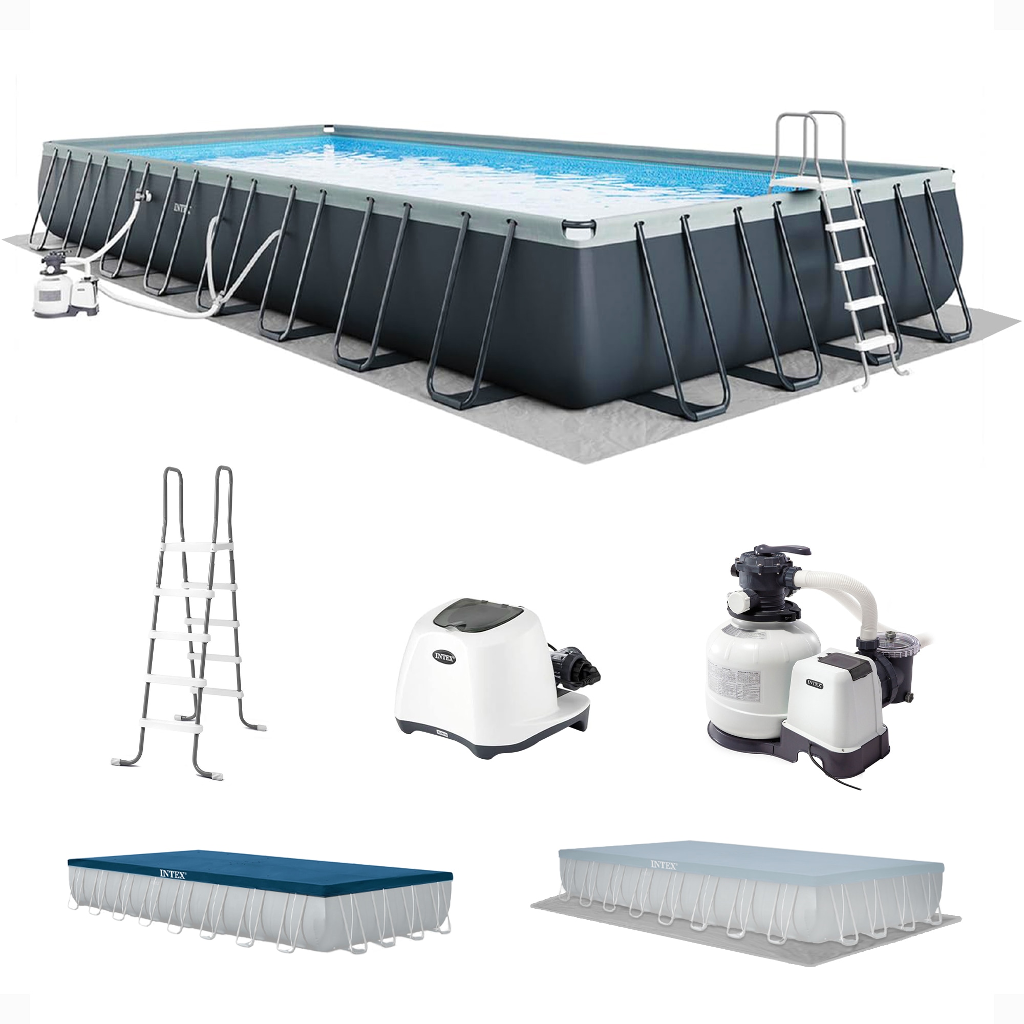 Intex 184786 24-ft x 12-ft x 52-in Metal frame Rectangle Above-Ground Pool with Filter Pump with Ground Cloth with Pool Cover with Ladder