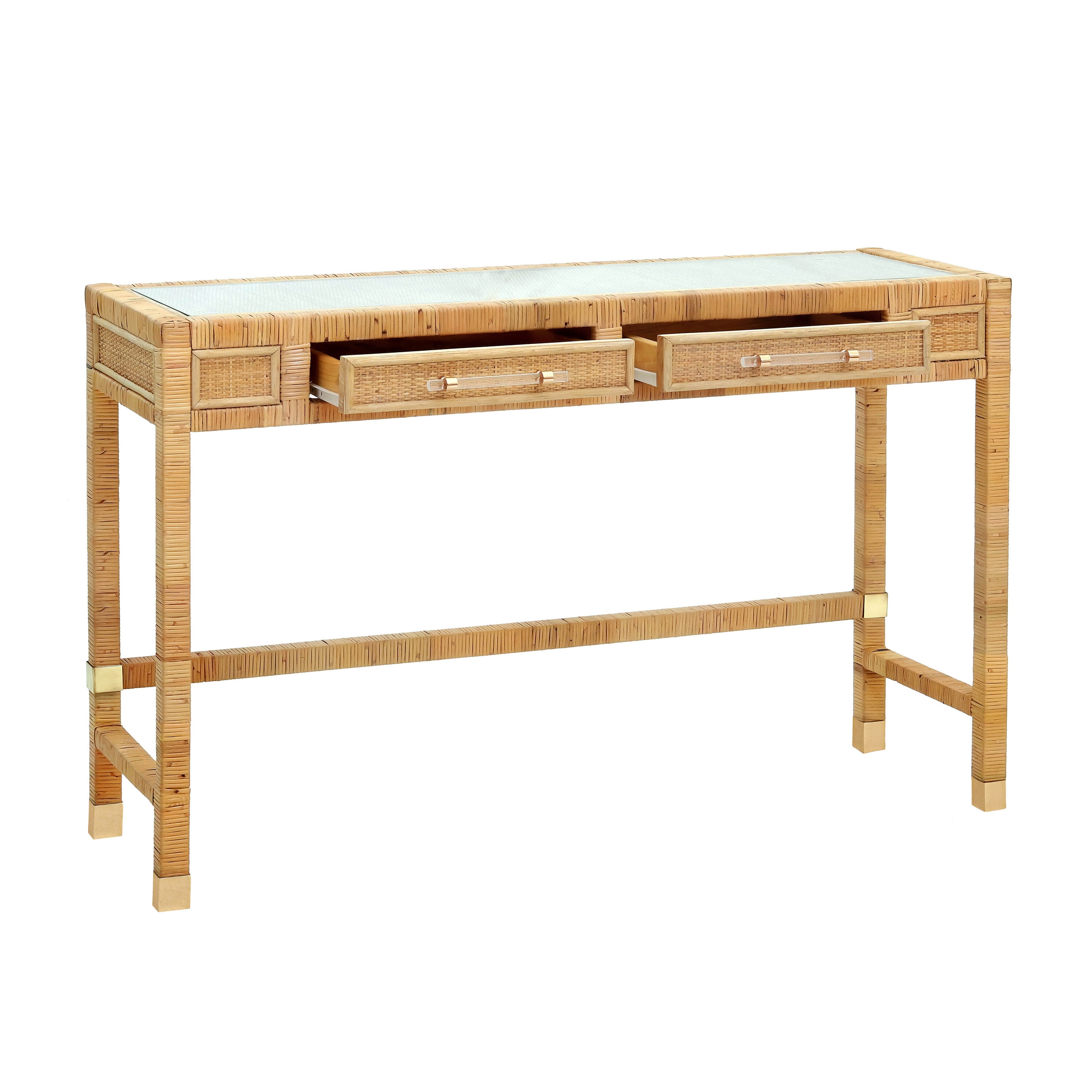 Amara Natural Rattan and Glass Home Office Desk with Drawers