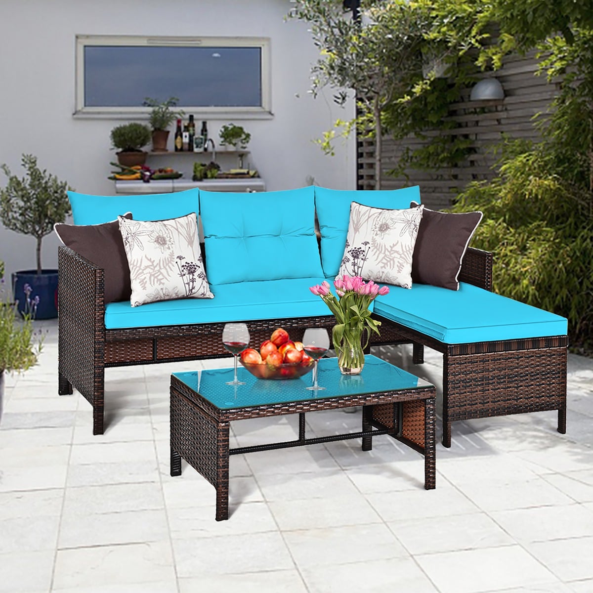 Costway HW63870TU 3PCS Patio Wicker Rattan Sofa Set Outdoor Sectional Conversation Set Turquoise