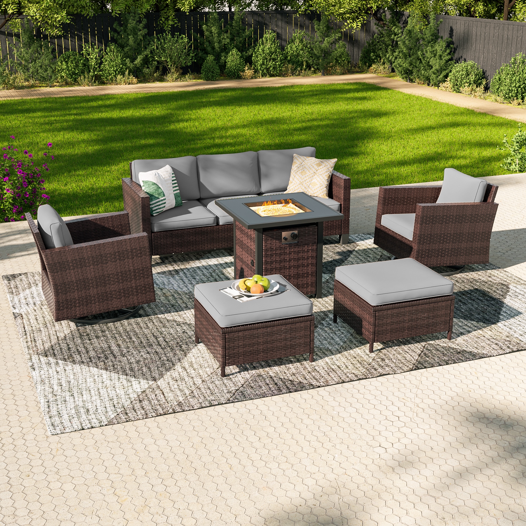 Sonkuki SD-PSS1-2RBGY-T4 Patio Conversation Set 6 -Piece Wicker Patio Sofa Conversation Set with Gray Cushions