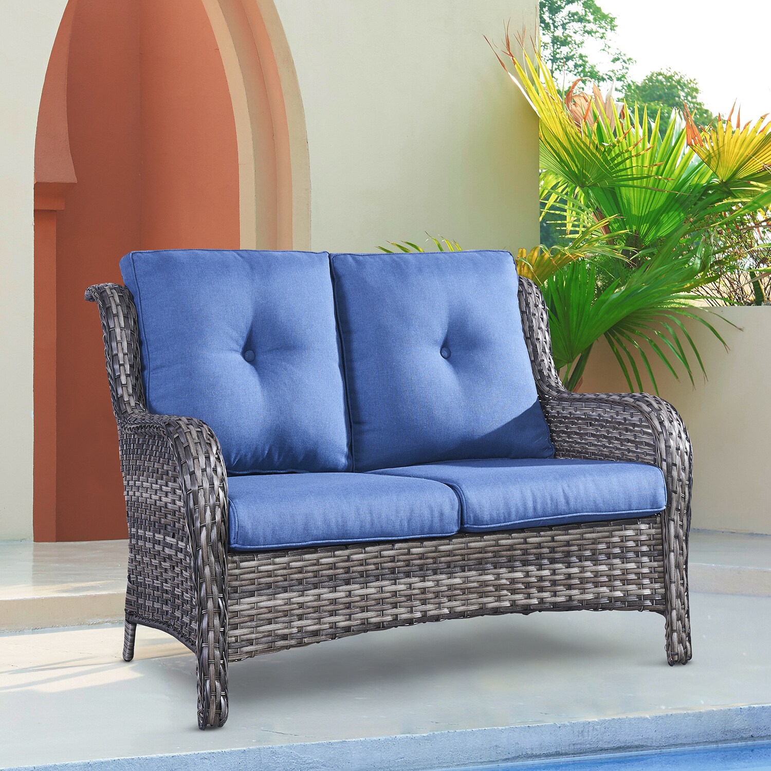 Rilyson Curved handrail Wicker Outdoor Loveseat with Blue Cushion(S ...