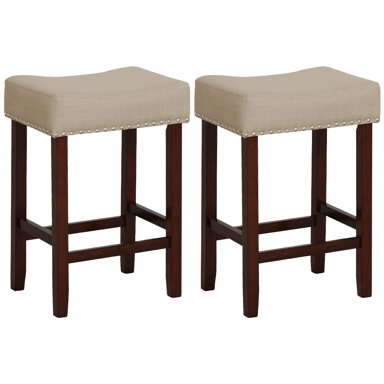 Slickblue D-CO-42-EB05801VJ Set of 2 Backless 25 inch Bar Stools Beige/ Gray Linen Cushion Rubber Wood Frame Footrest Kitchen Counter Dining Home Bar