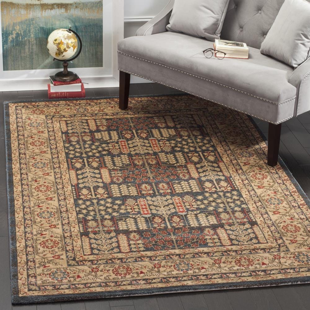 Navy and Natural Rectangular Hand-knotted Synthetic Rug, 10' x 14'