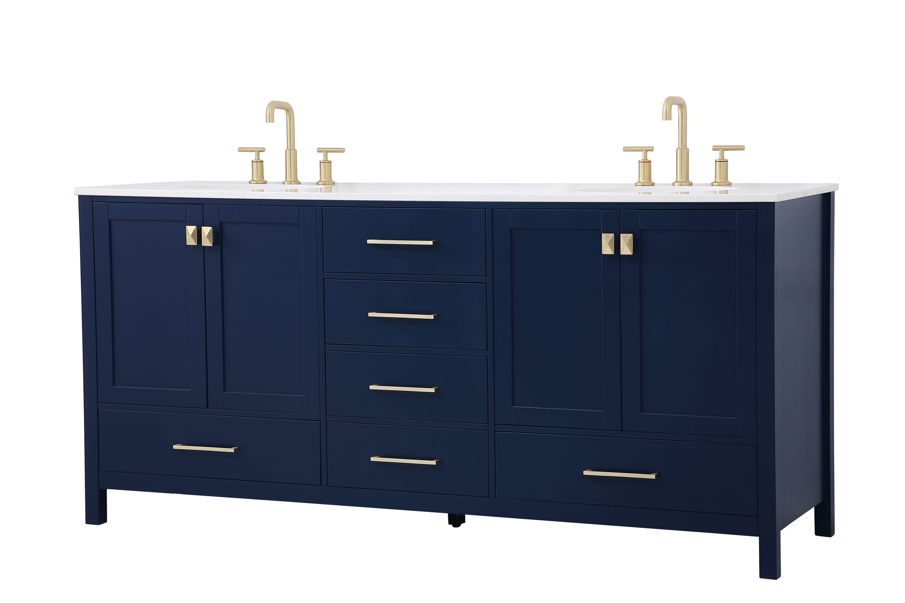 Blue and Gold 72" Double Bathroom Vanity with Calacatta White Countertop