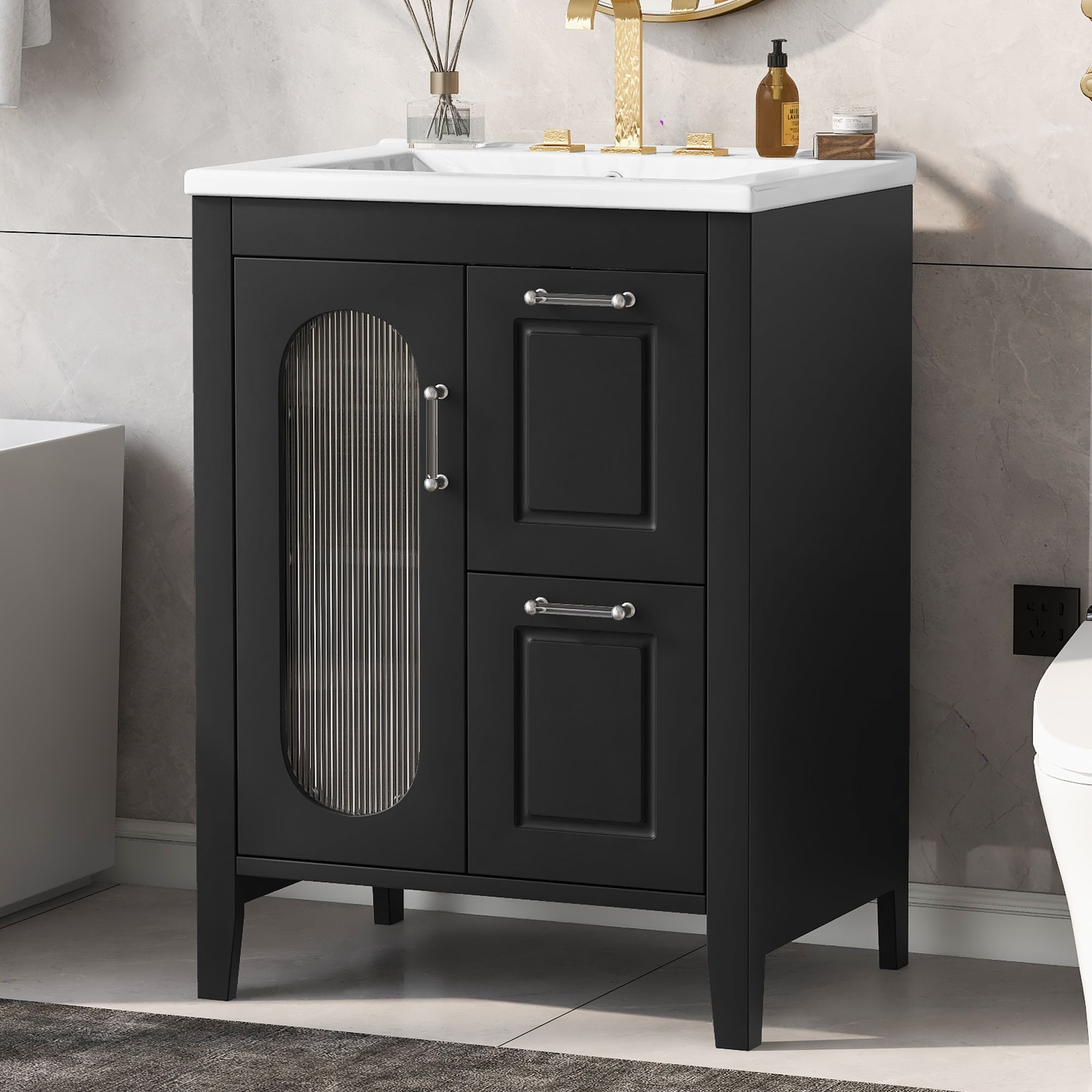 Wooakway - 24 Inch Bathroom Vanity Freestanding Solid Rubber Wood MDF Cabinet One Moru Glass Door...
