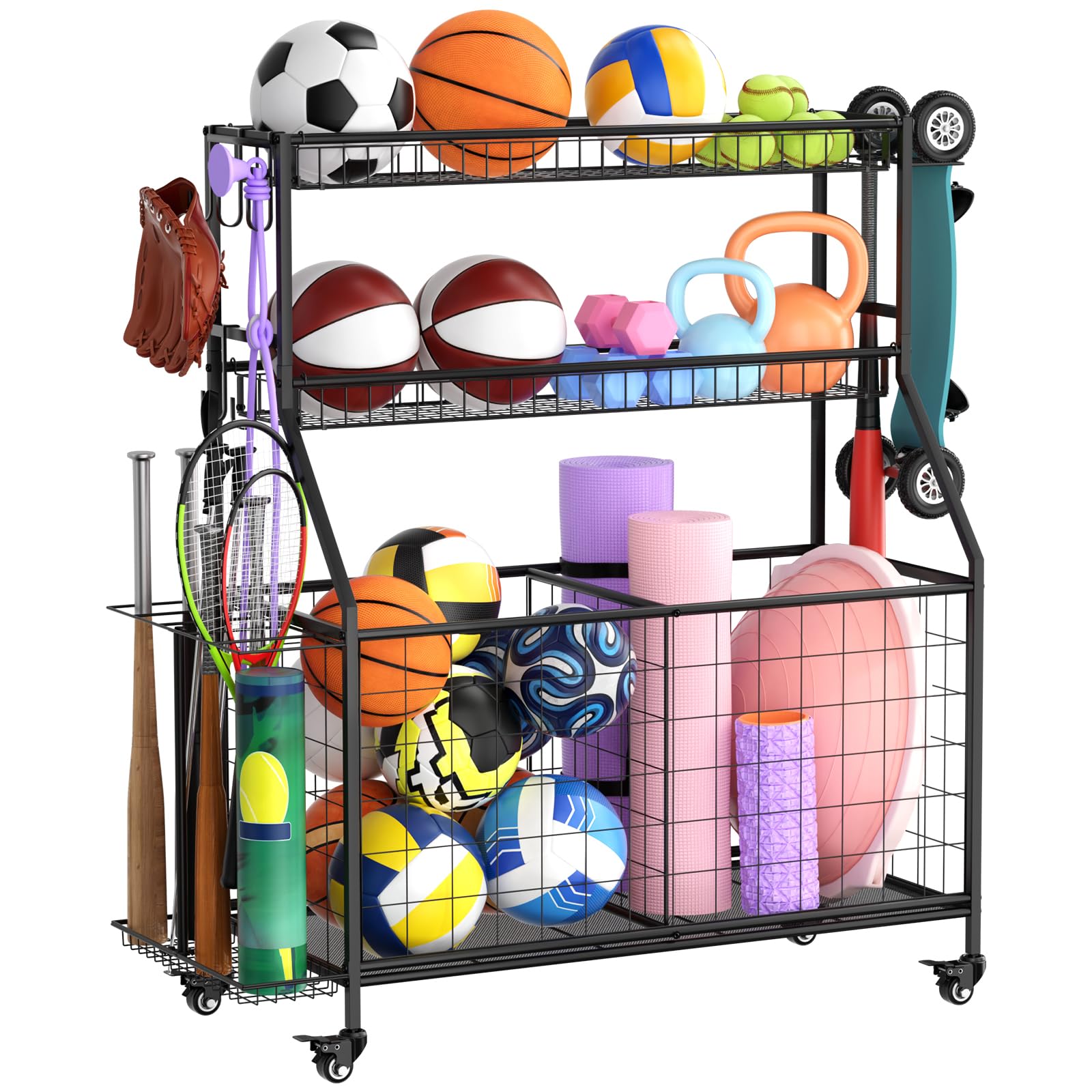 Anqtovp  Sports Equipment Organizer Heavy Duty Garage Ball Storage Rack with 2 Bins 2 Tier Wire Baskets Bat Rack Hooks Rolling Cart 36.2x16.9x46 Inch 1 Piece Indoor Outdoor