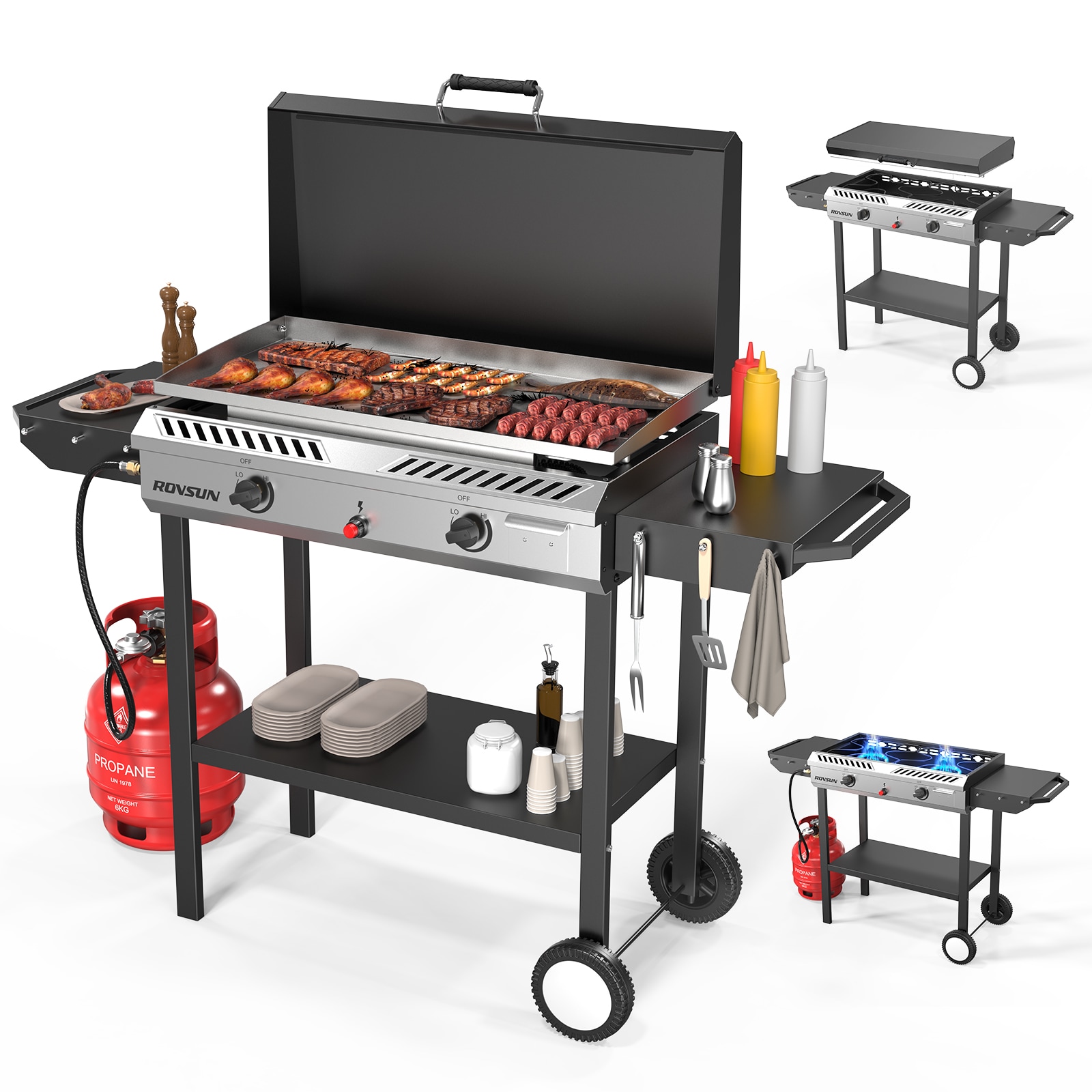 ROVSUN Outdoor Stove 2-Burner 150000 BTU 2-in-1 Propane Gas Stove with Ignition Griddle Combo Storage Shelf Rolling Wheels and Regulator
