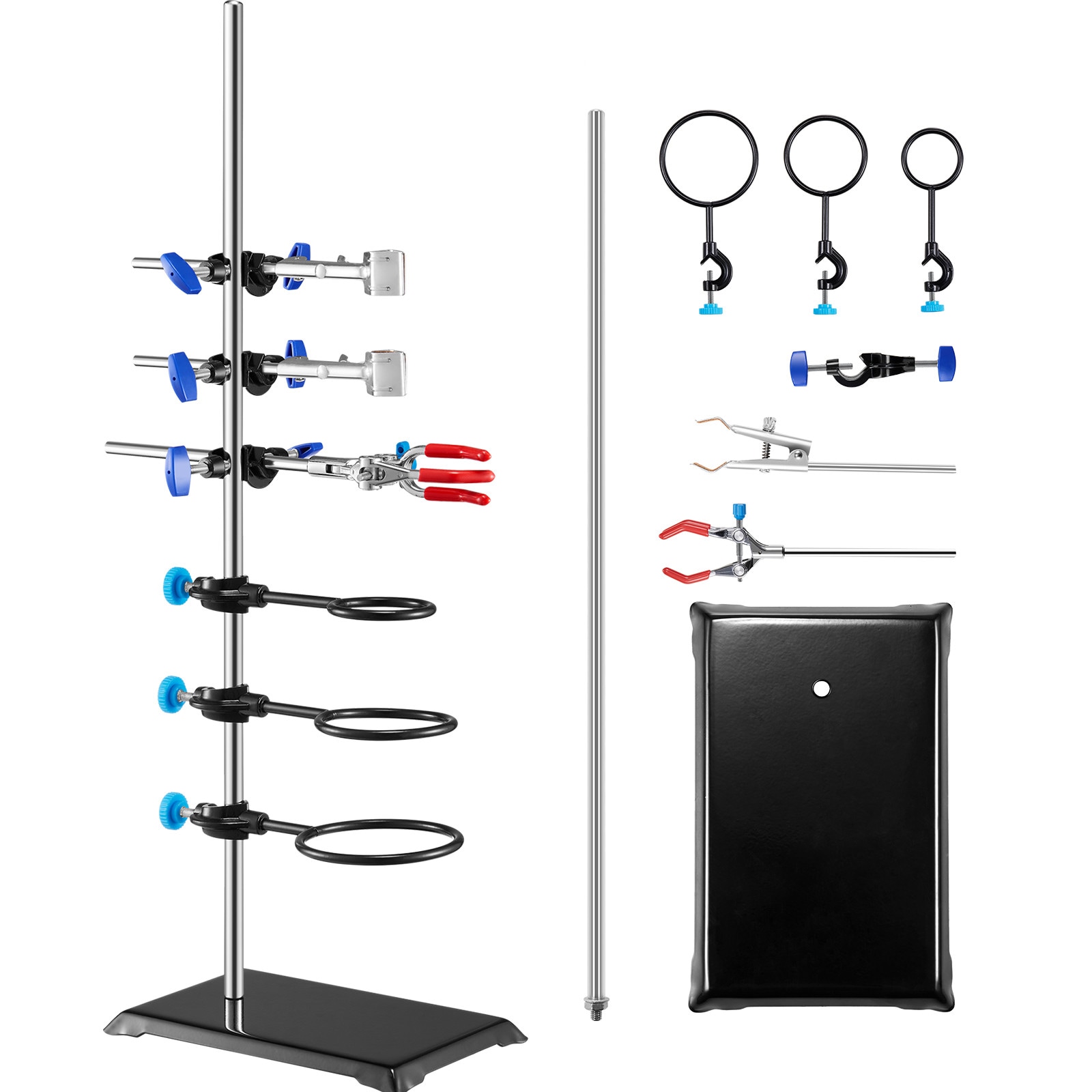 VEVOR SCSYZJJP1JT602624V0 Lab Stand Support  Laboratory Retort Support Stand Set  Steel Lab Stand 23.6in Rod and 8.3in x 5.3in Cast Iron Base  Includes Flask Clamps  a Burette Clamp and Cross Clamps