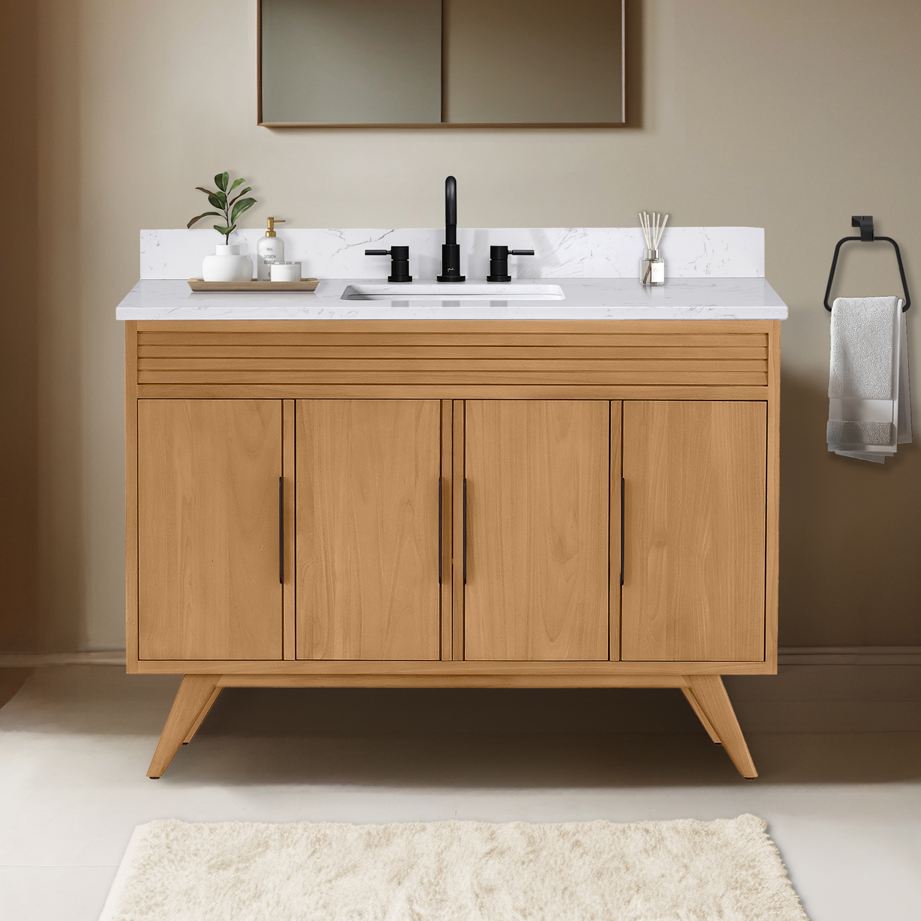 Avanity TAYLOR-VS49-NT-E Taylor 49-in Natural Teak Undermount Single Sink Bathroom Vanity with Cala White Engineered Stone Top