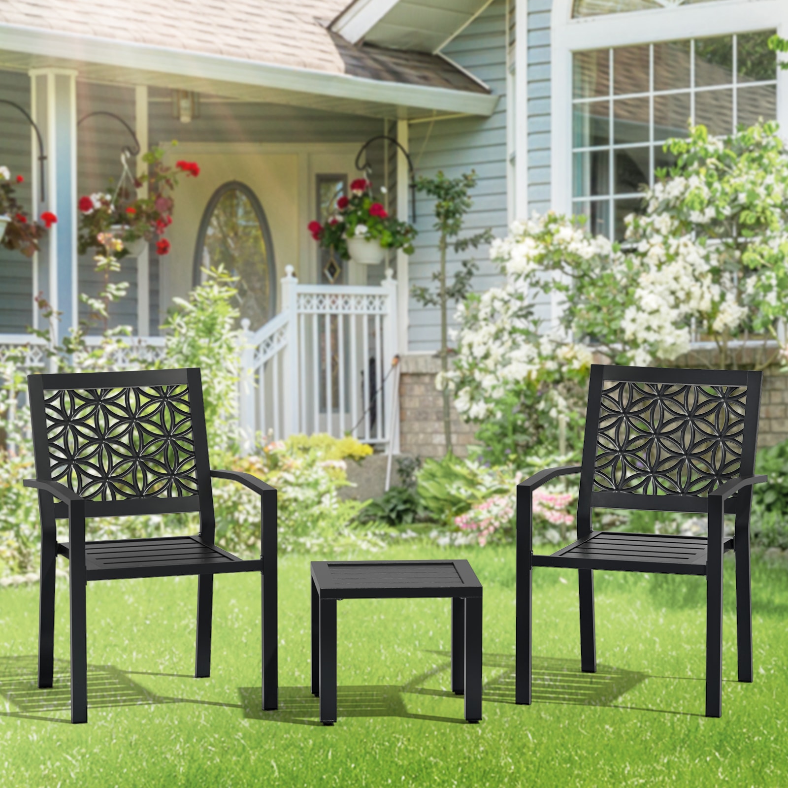 VINGLI - 3-Piece Outdoor Bistro Set/Stackable Modern Metal Steel Table and Chairs with Rust-Resis...