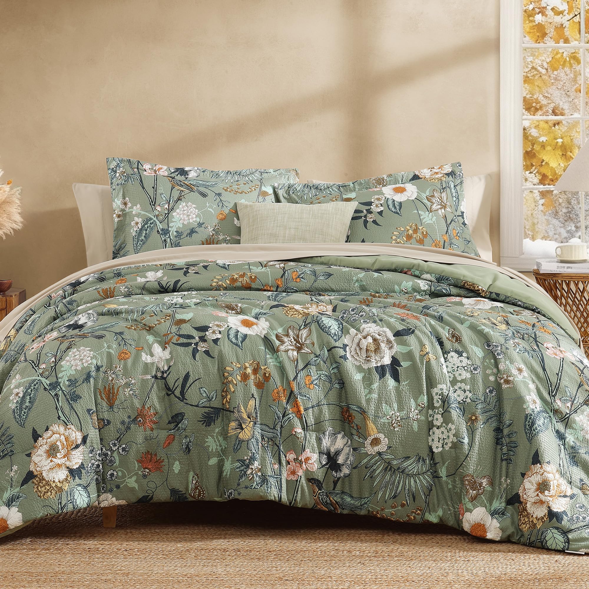 OMOMMD Avocado Green Butterfly floral King Comforter Set 7 Pieces Bed In A Bag Seersucker Floral Farmhouse All Season Soft Bedding Set #5749848217755