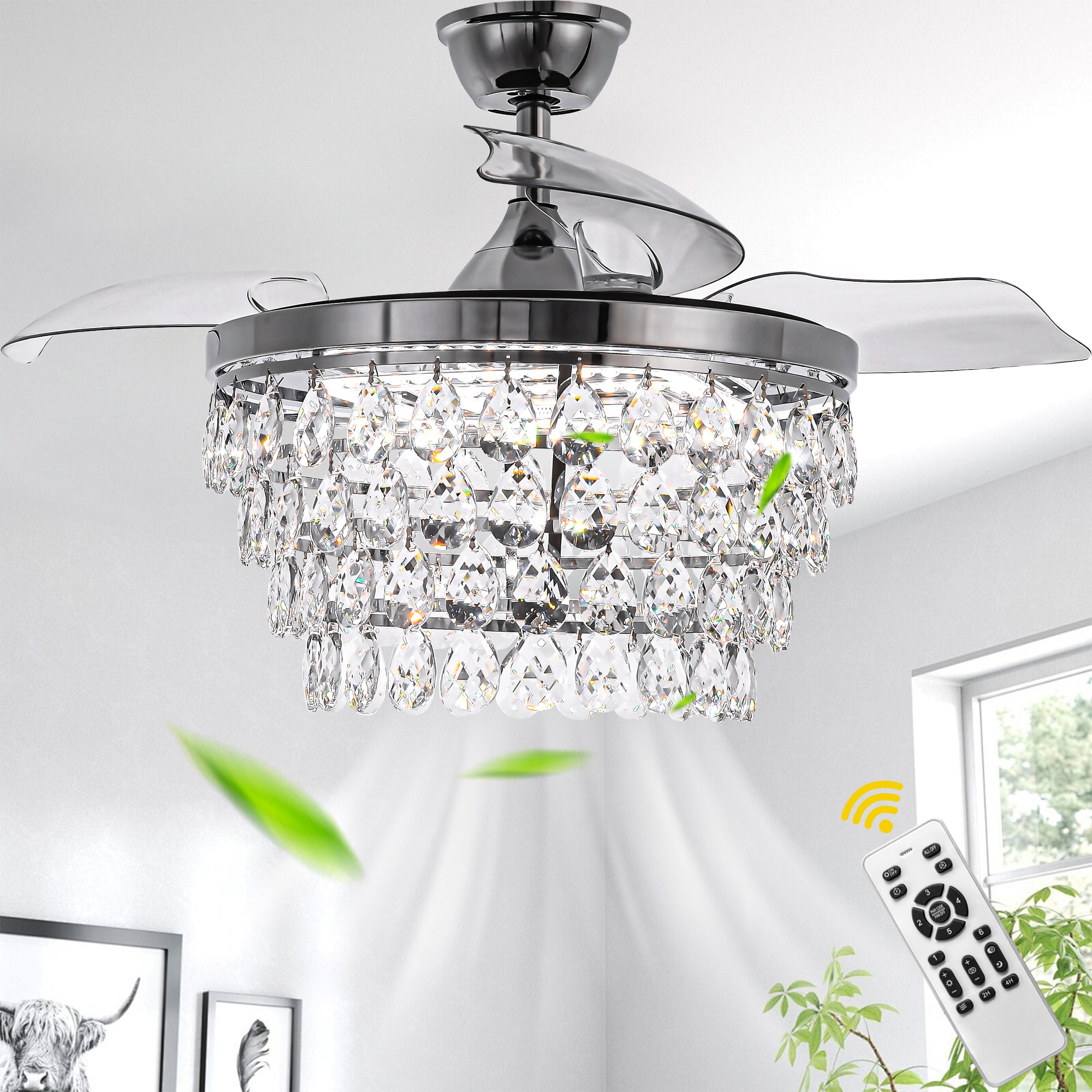 Bella Depot DCFSD4270-GR Luxury 42-in Gold with Clear Blades Fandelier Ceiling Fan Light kit compatible and Remote ( 3 -Blade )