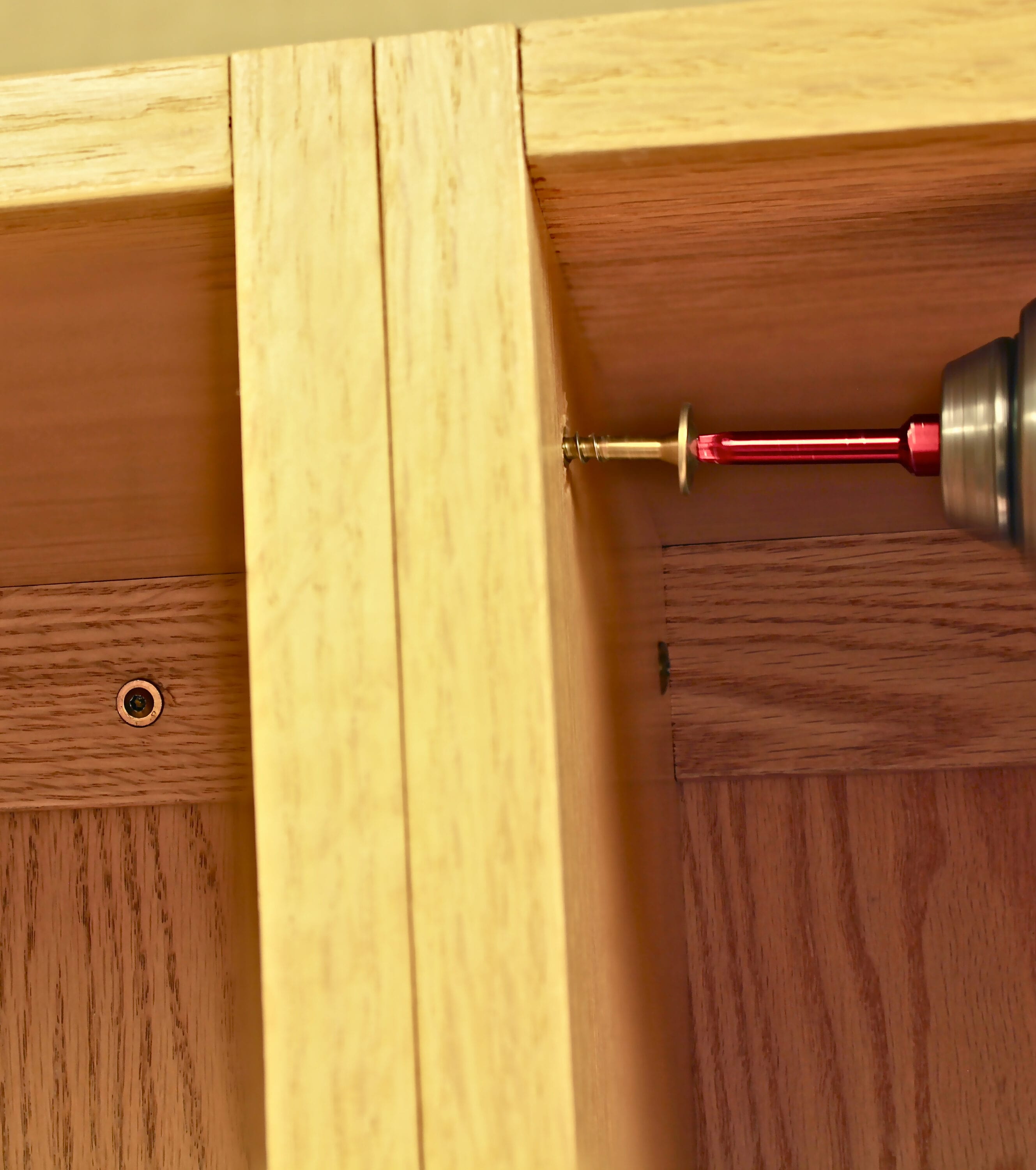 only 8 screws were used to perfect this pantry door lock, I pre-drilled the  wooden blocks I made then pre-drilled the doo…