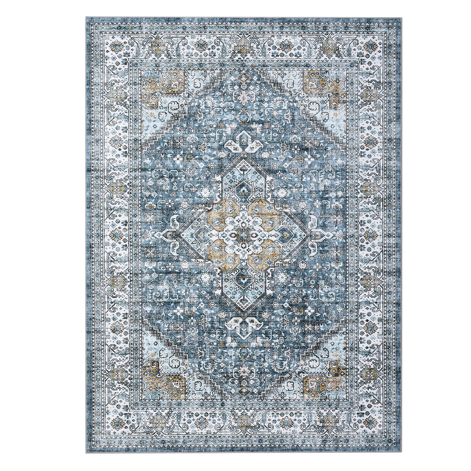 Qeetex LSN-PHO-11FZ8KN8 8 x 10 ft Polyester Pearl Velvet Blue Rectangular Hallway Bathroom Entryway Kitchen Office Foldable Flower Printed Persian Washable Area Rug