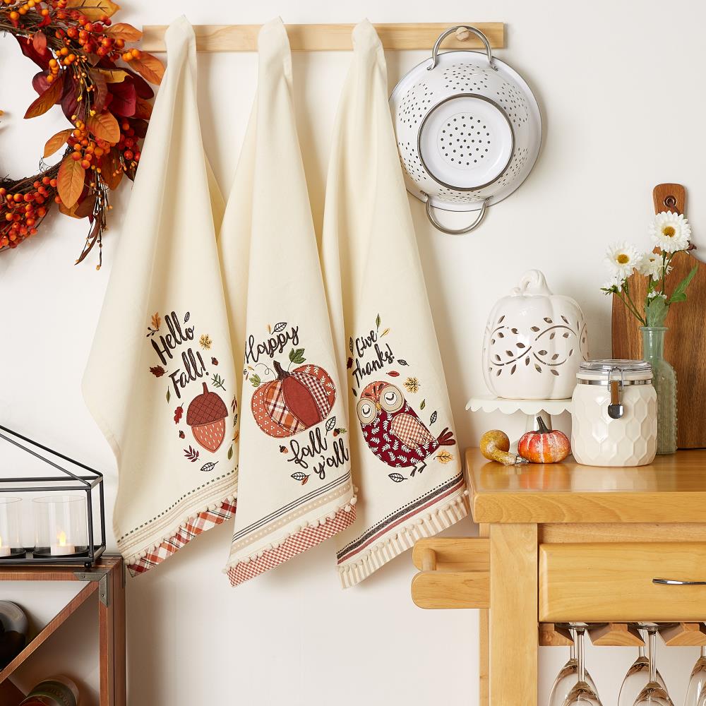 3pk Assorted Welcome Fall Embellished Dishtowels Beige - Design