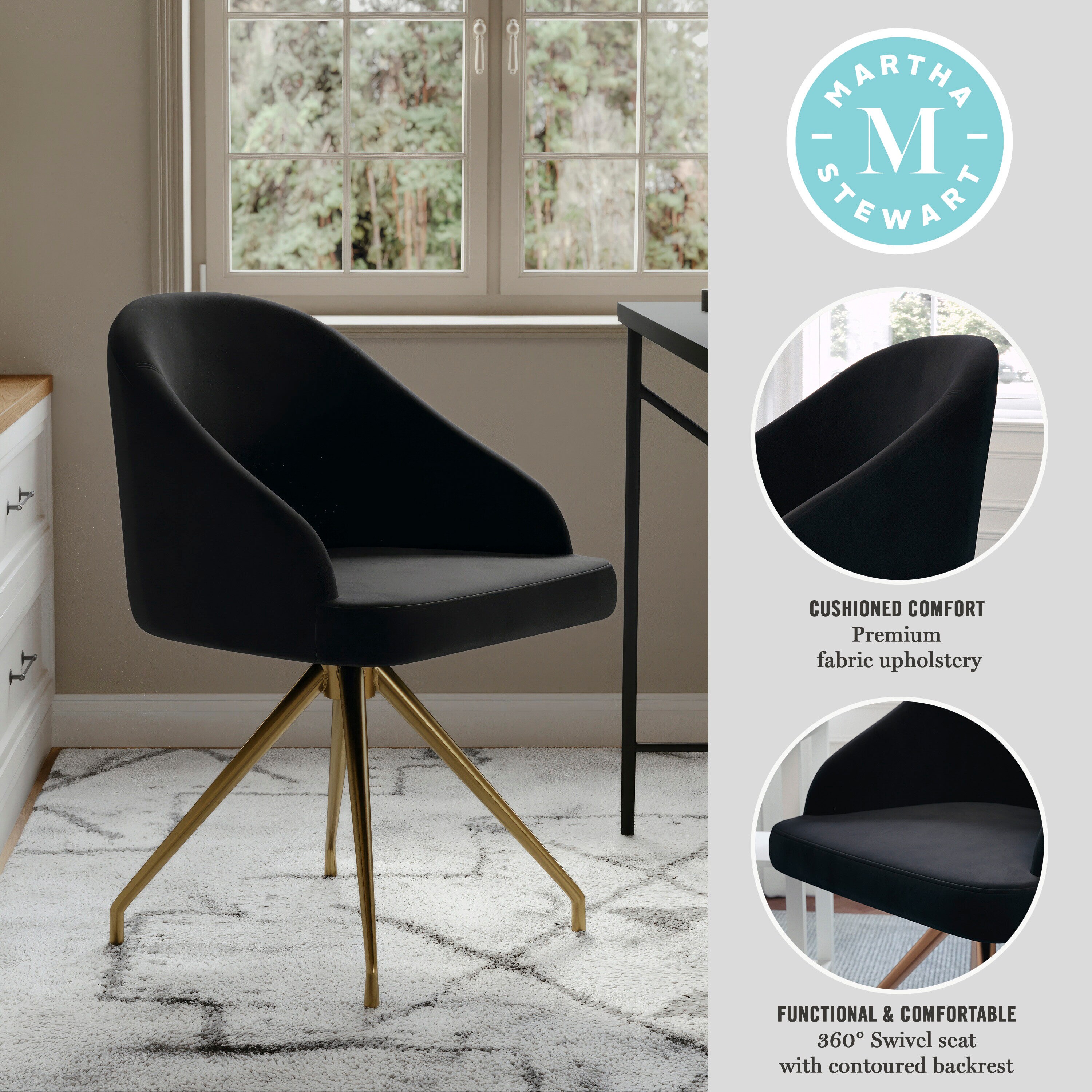 Black Velvet and Polished Nickel Swivel Office Chair