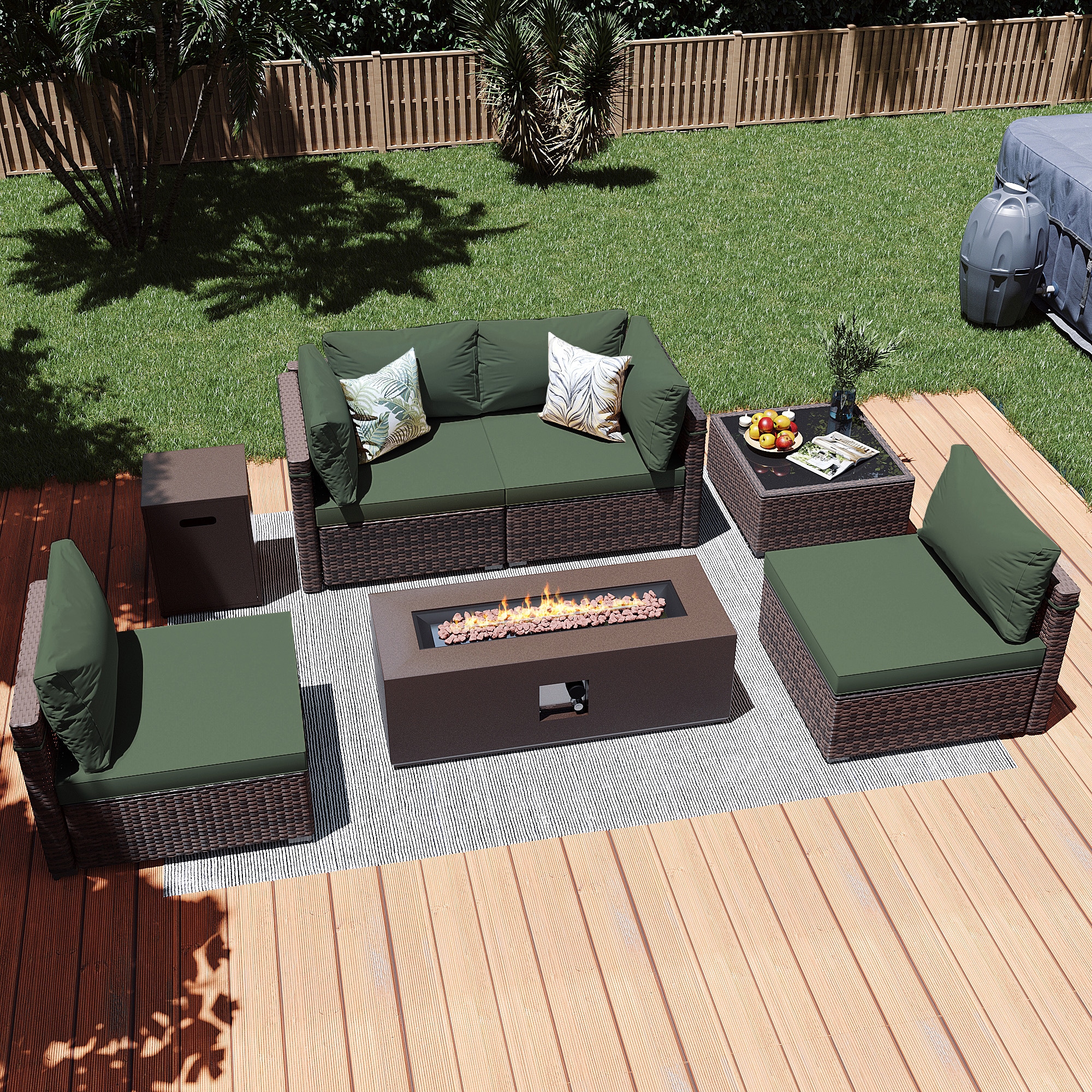 Patio Watcher LS-RT5-KD42CBR-B2 6 -Piece Rattan Patio Conversation Set with Green Cushions