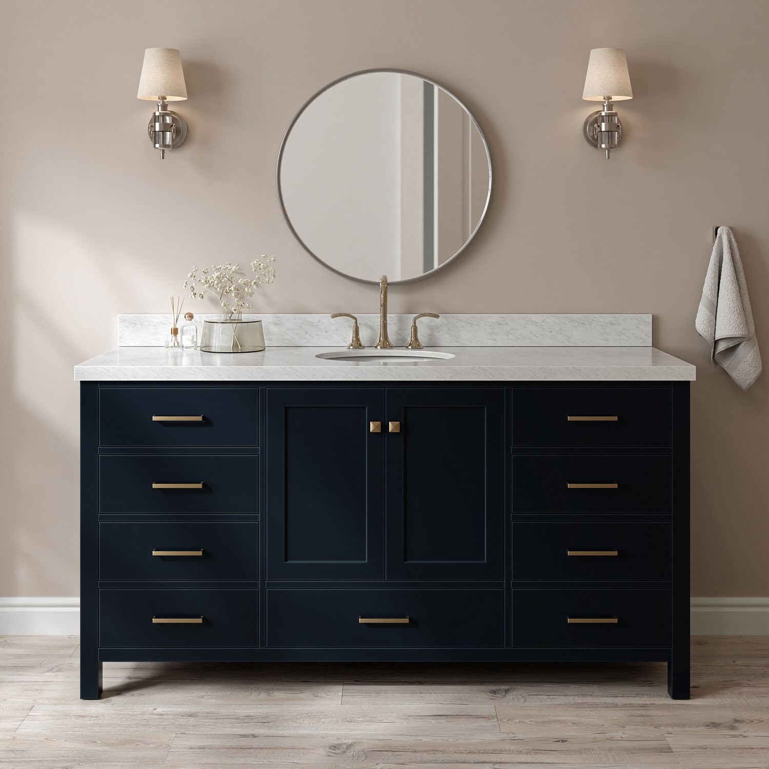 ARIEL - Cambridge 66-in Midnight Blue Undermount Single Sink Bathroom Vanity with Carrara White M...