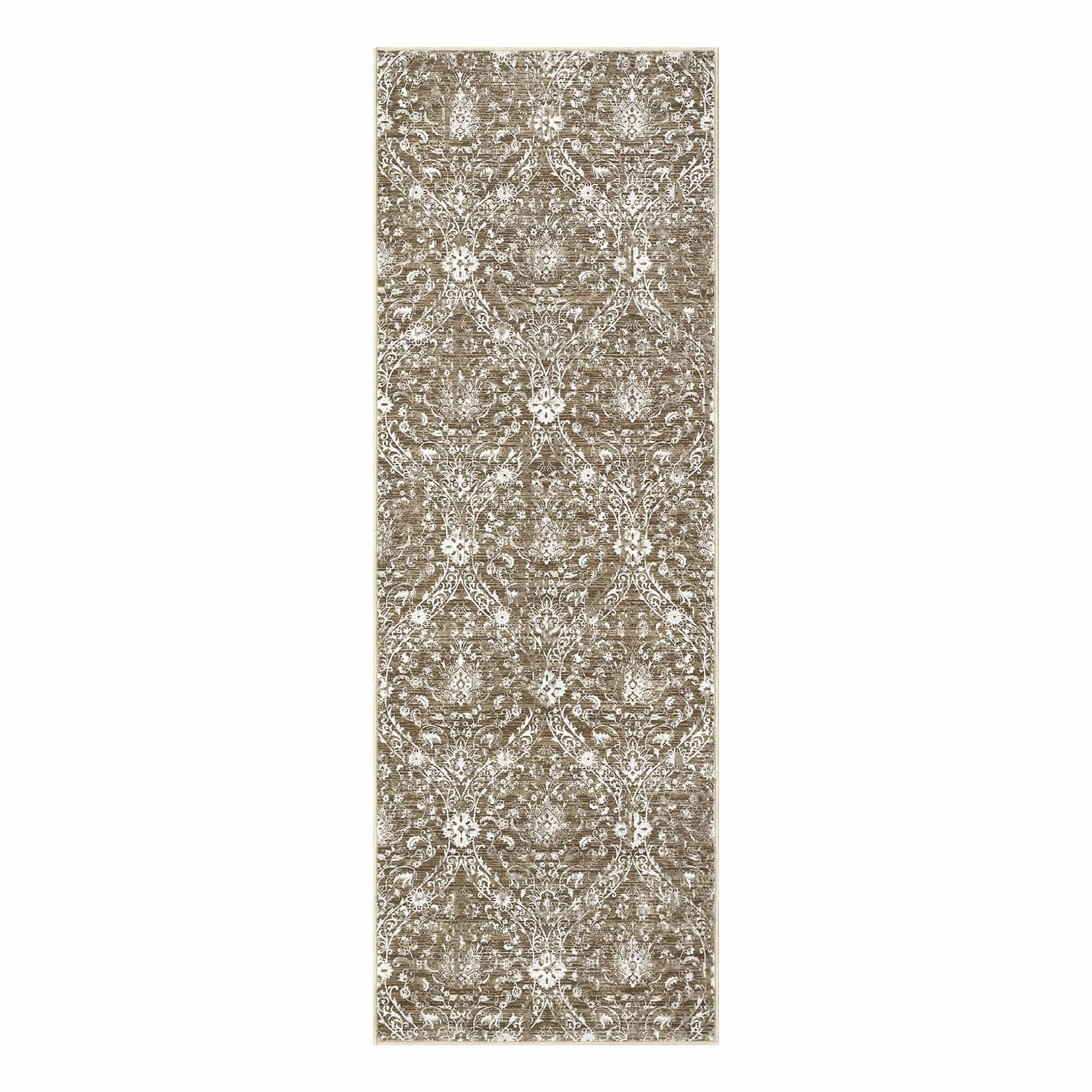 Qeetex LSN-PHO-16LUAM81 2 x 6 ft Polyester Cashmere Khaki Rectangular Hallway Bathroom Entryway Kitchen Office Foldable Flower Printed Damascus Washable Area Rug