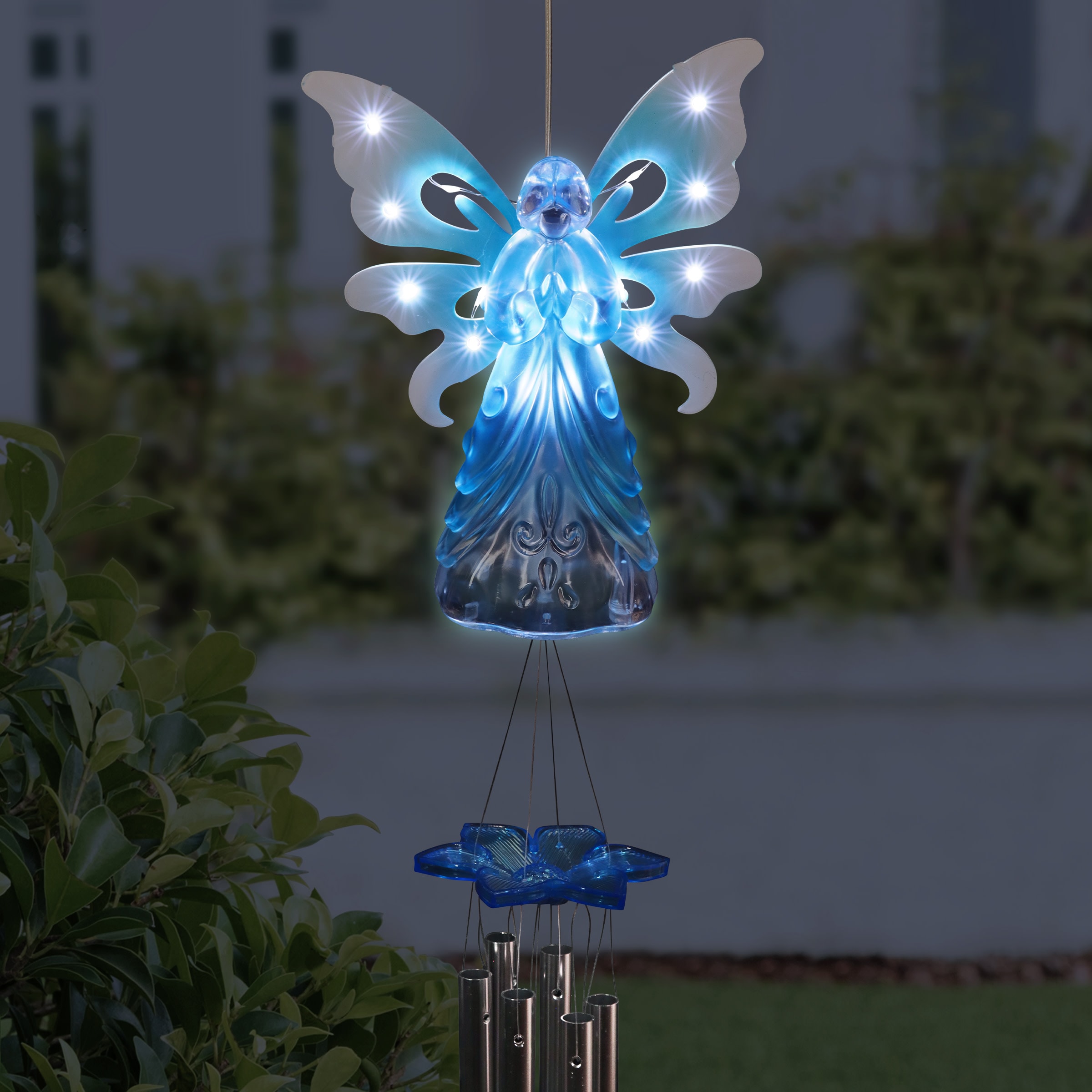 Exhart 41.7-in Teal Metal Green Angel Garden Wind Chime with Solar LED ...