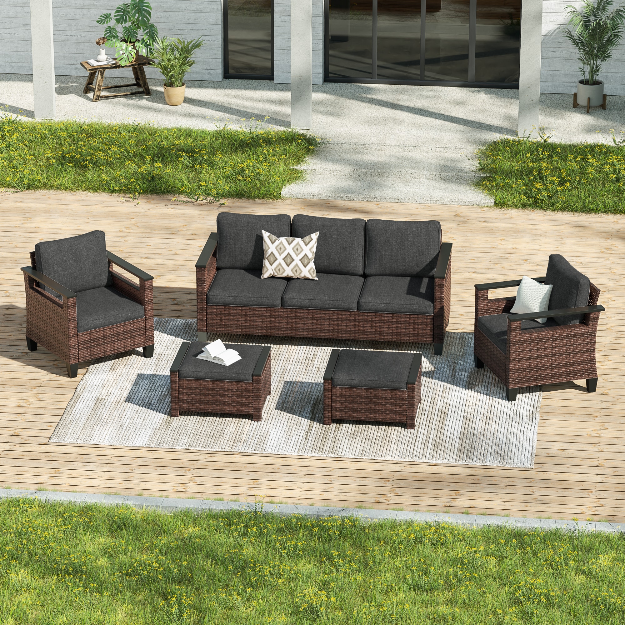 ACEGOSES LW-PS-126BBK Skytop 5 -Piece Wicker Patio Sofa Conversation Set with Black Cushions