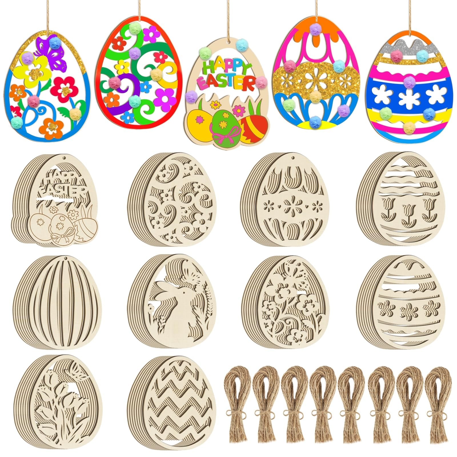 Phyfalip  80pcs Wooden Easter Ornaments to Paint DIY Blank Unfinished Wood Egg Bunny Butterfly Flower Hen Cutouts for Crafts Hanging Spring Party