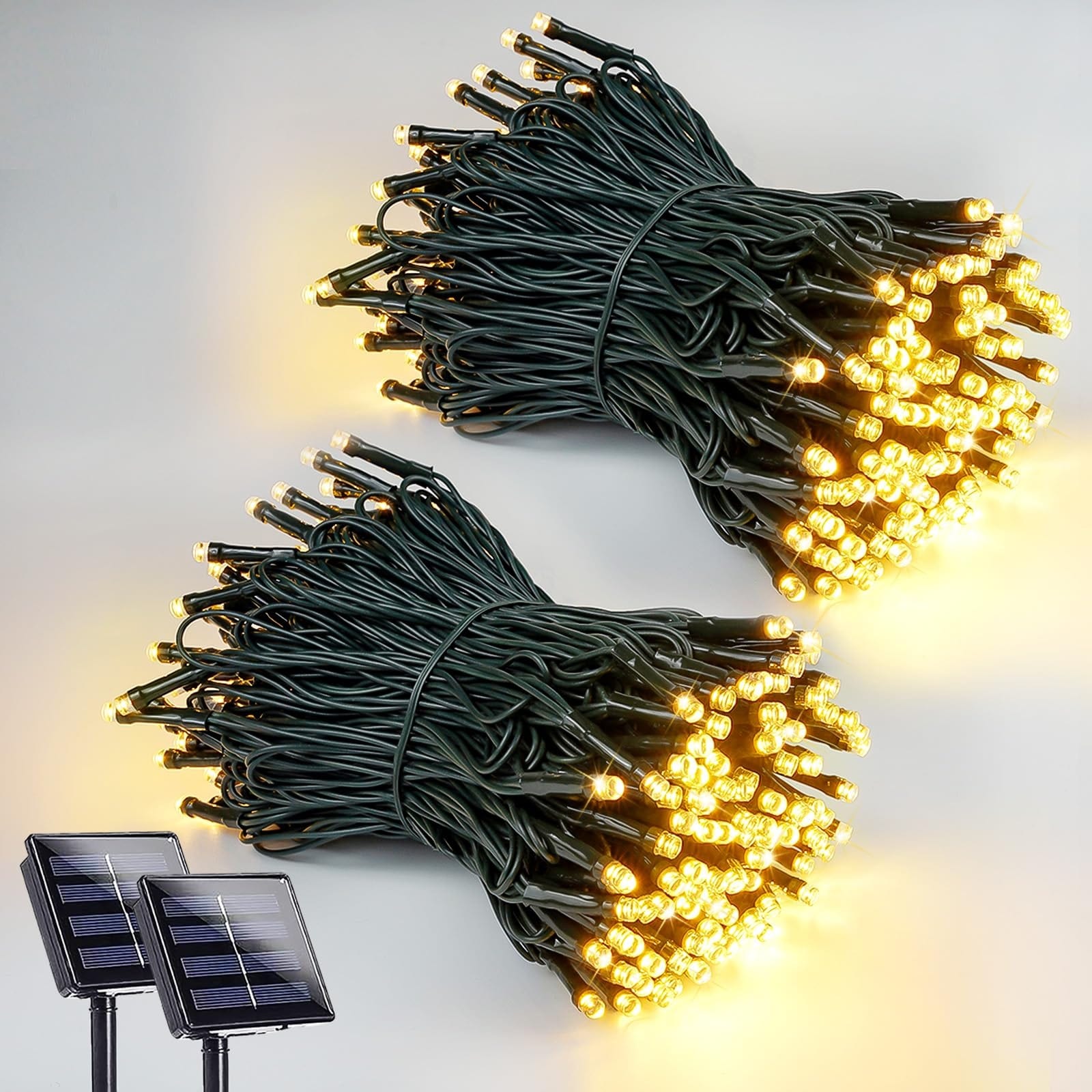 Vrbgify  2 pack 200 LED solar string lights outdoor waterproof warm white with 8 lighting modes auto on off for Christmas tree garden patio