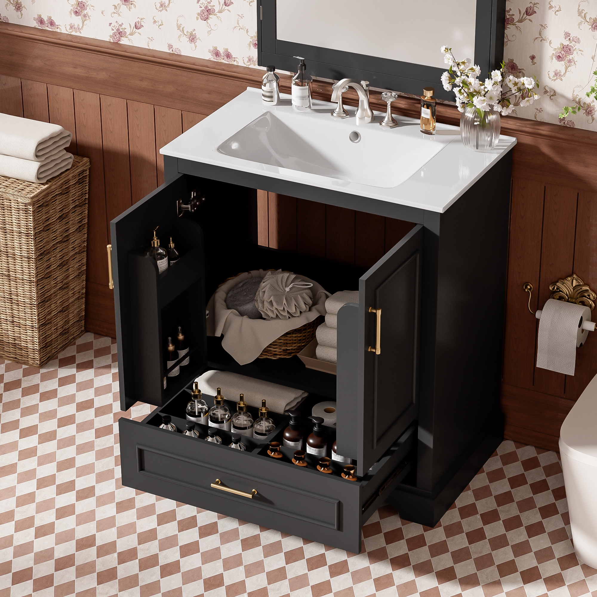 LOVMOR  30-in Single Sink Bathroom Vanity White Ceramic Top 1 Drawers Freestanding Soft Close 2 Doors Storage Vanity Home Use Black
