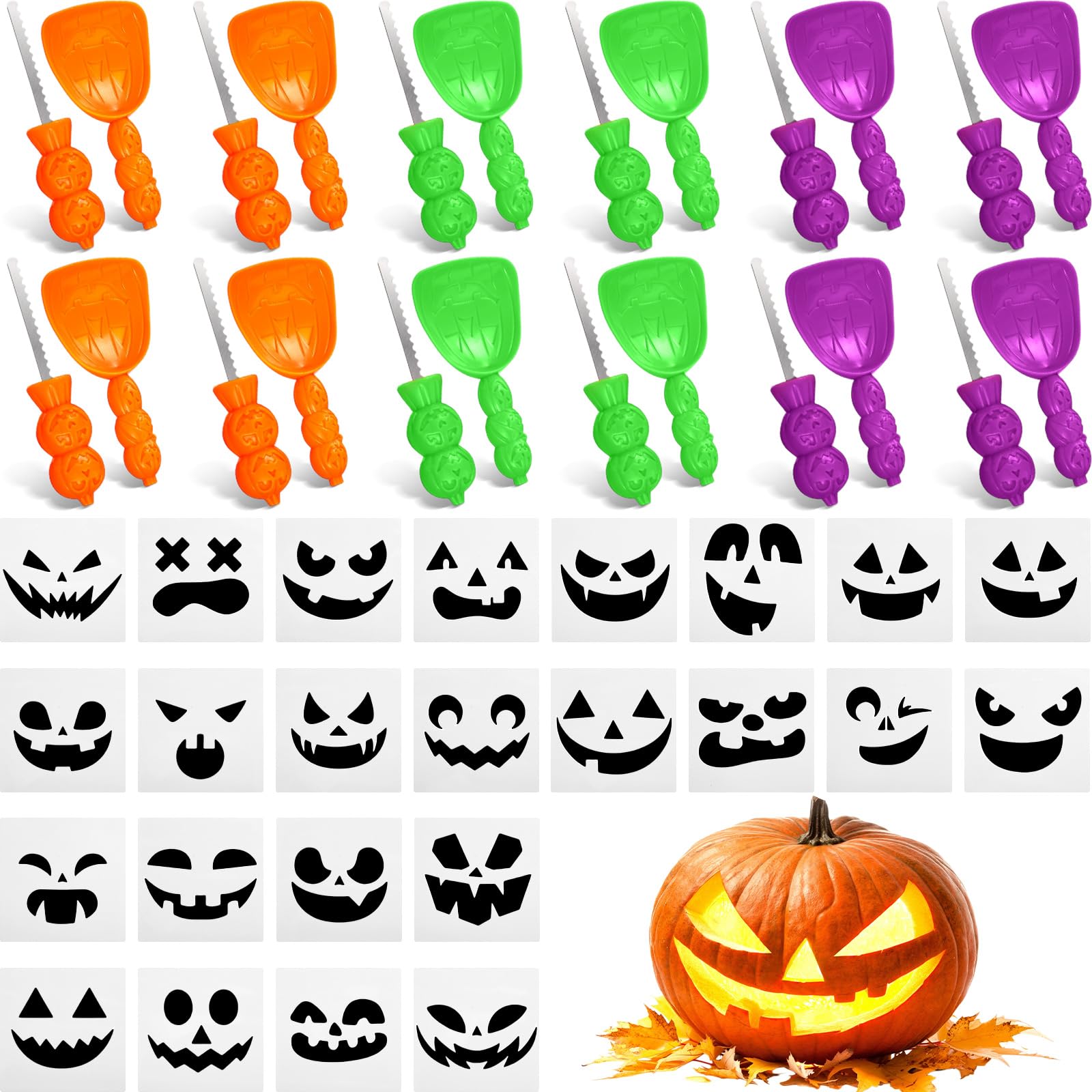 KIWDZFU  48 Piece Halloween Pumpkin Carving Kit with 12 Knives 12 Scoops and 24 Stencils for Family Party Halloween Decorations Green Purple